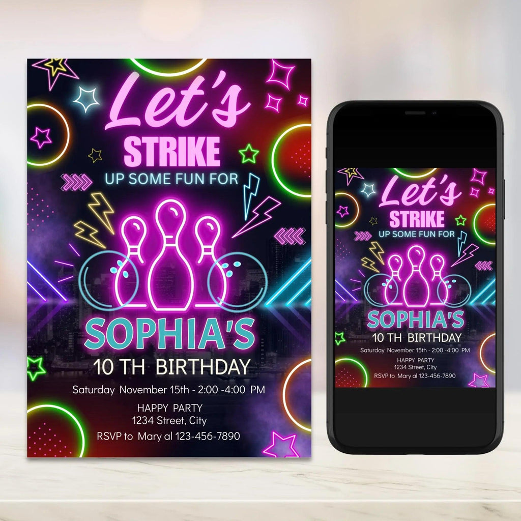 Personalized Neon Bowling Party Invitation and Tag Template, Digital Download for Kids' Birthday or Bowling-Themed Event - Lovely Printable Party