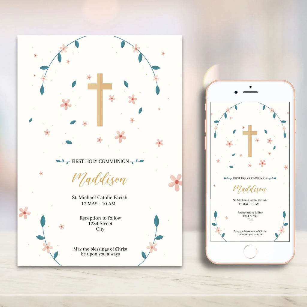 Flowers and Leaves Communion Invitation - Lovely Party