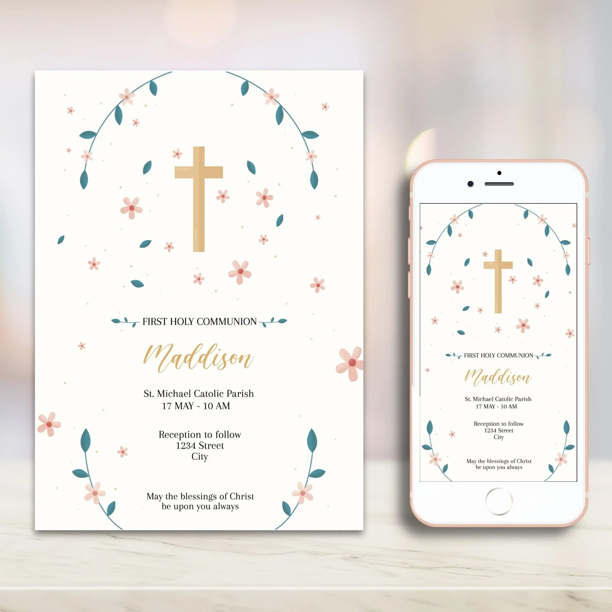 Flowers and Leaves Communion Invitation - Lovely Party