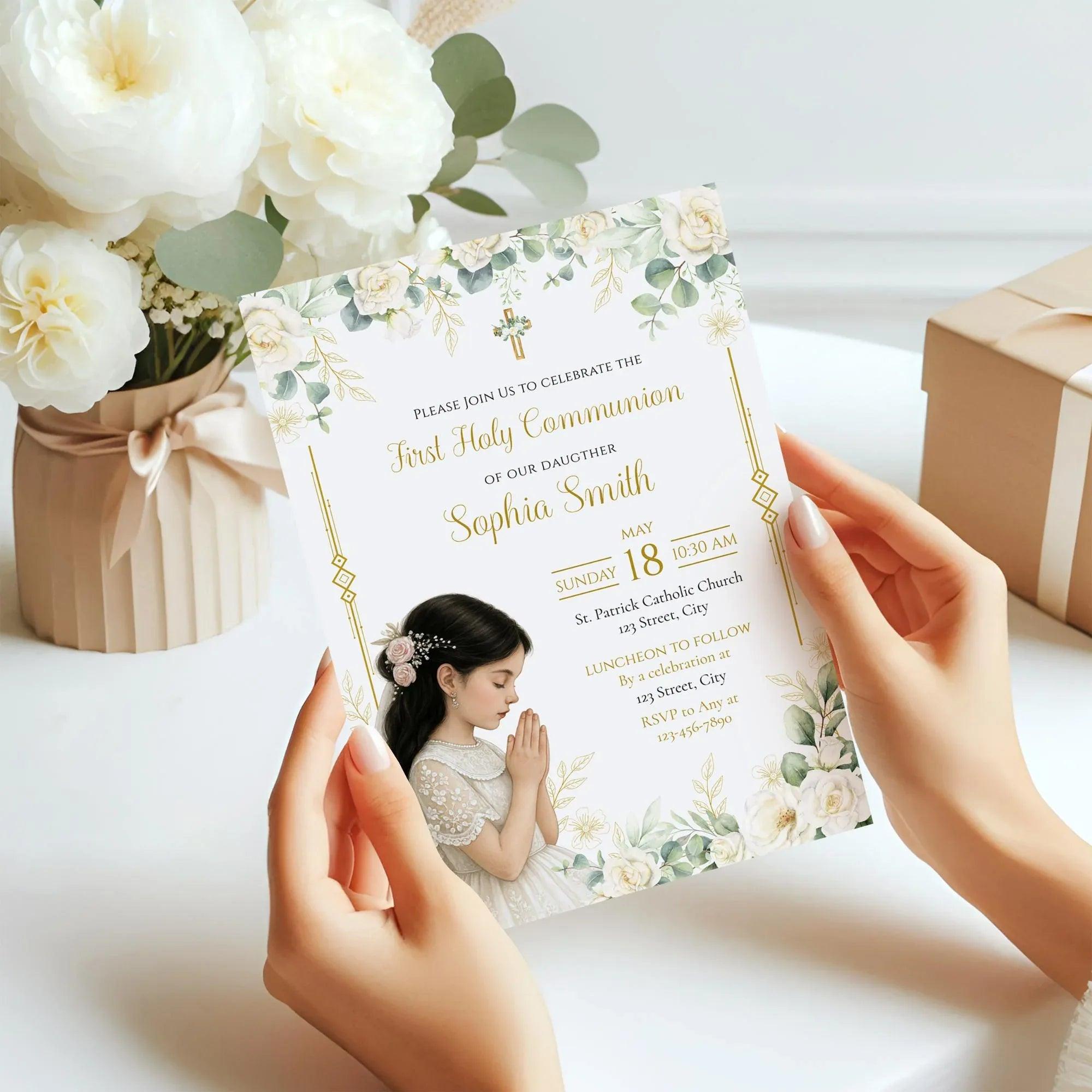 Elegant First Communion Invitation Girl | White Floral Gold Cross Editable Corjl Template | Digital Holy Communion Party Invite - Lovely Printable Party