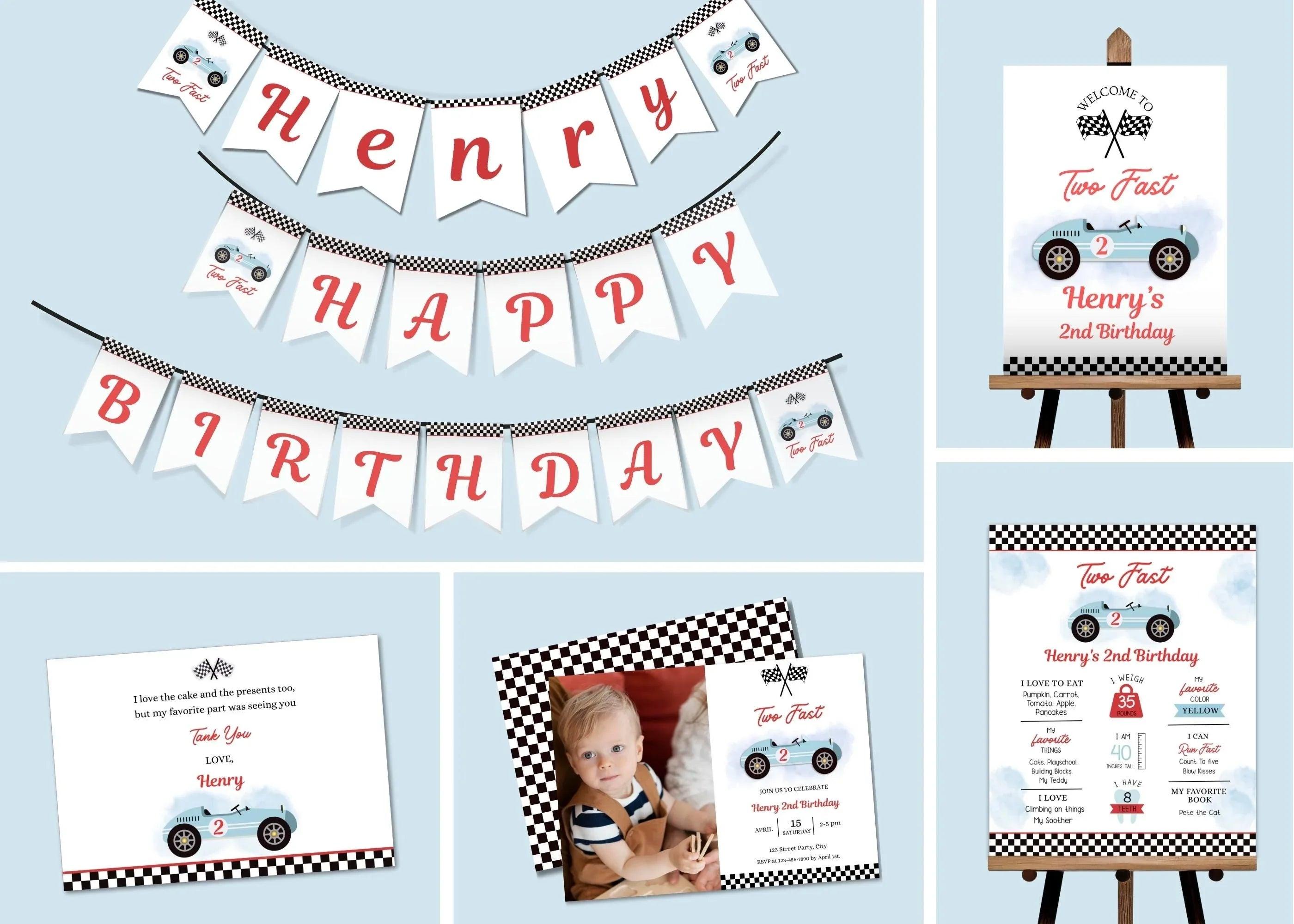 Race Car Party Printable Decorations & Invitation Template Bundle - Two Fast / Fast One Birthday Theme - INSTANT DOWNLOAD - EDITABLE Text - Lovely Printable Party