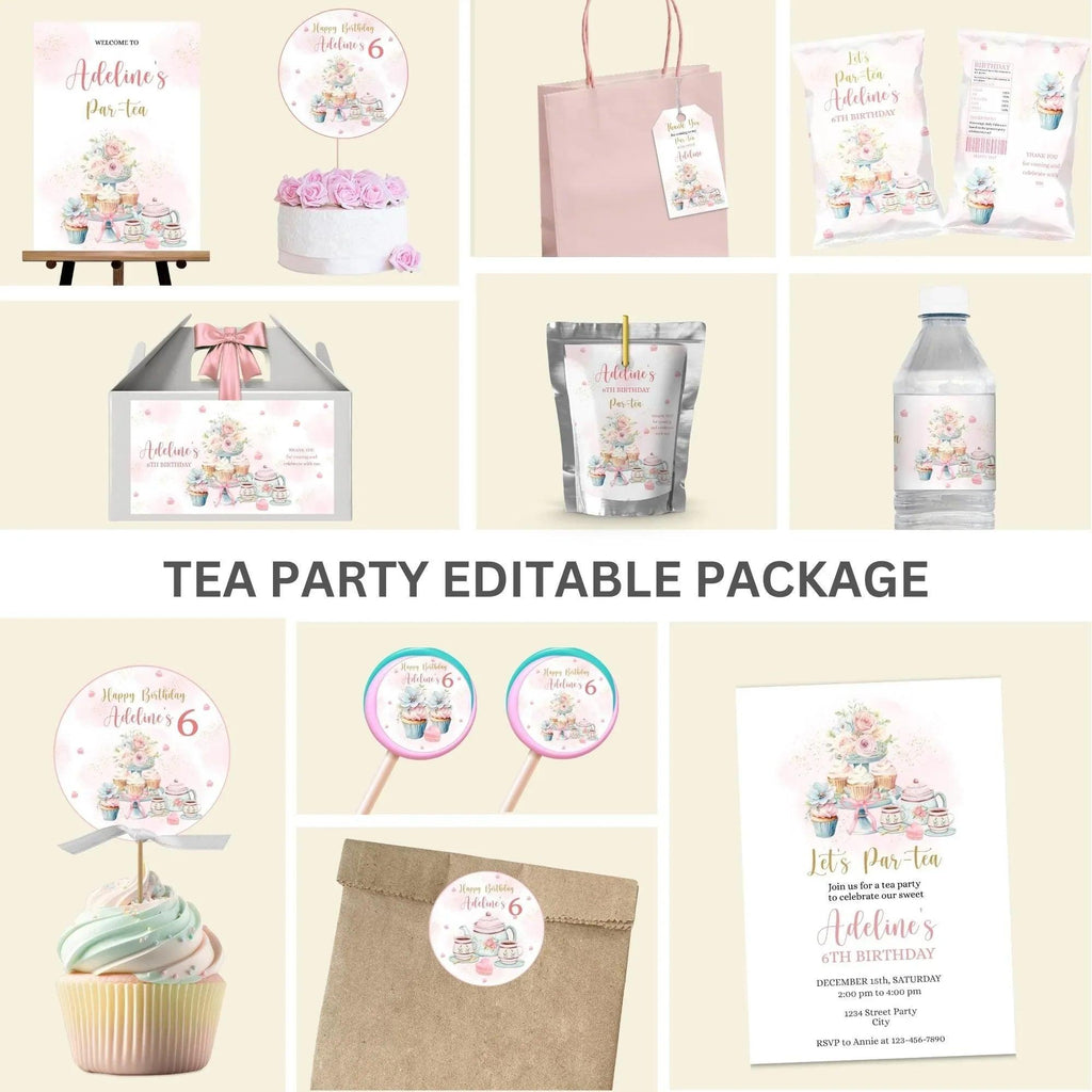 Tea Party Birthday Party Bundle, EDITABLE Pink and Gold Par-tea Invite, Whimsical Tea Party Decor, High Tea Floral, Instant Download - Lovely Printable Party