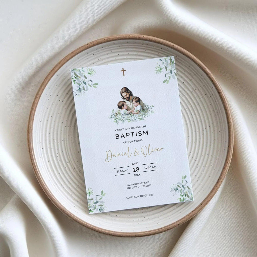 Editable Baptism Invitation • Twins Baby Boys • Corjl Template • Christening Invitation with Jesus and Greenery - Lovely Printable Party