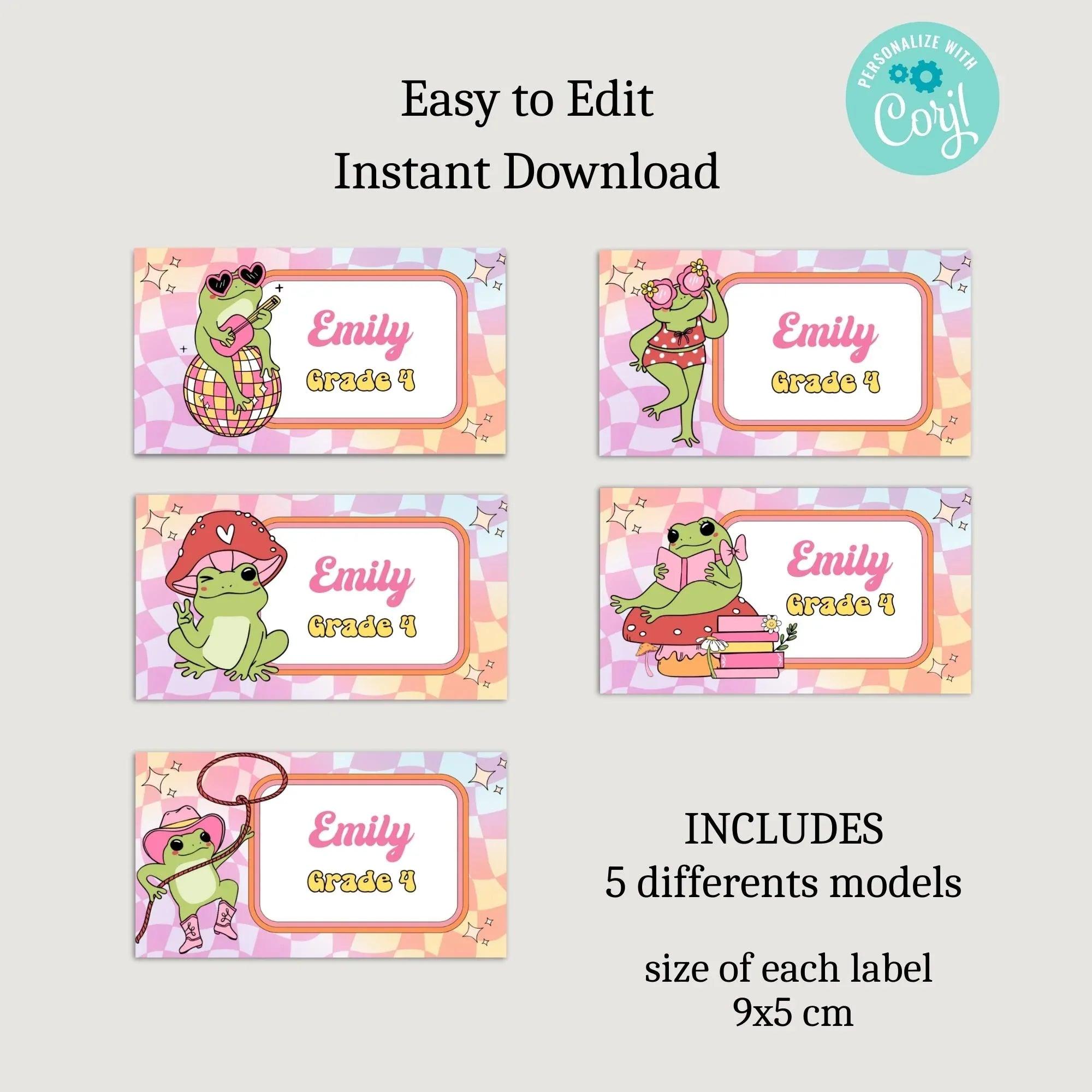 Retro Frog Stickers, Classroom Printables, School name labels, Classroom Labels, School supply labels, Editable Labels - Lovely Printable Party