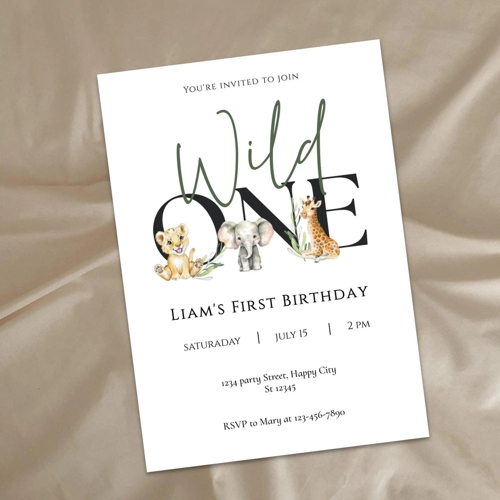 Wild One First Birthday Invitation Editable | Safari Jungle Party Invite Corjl | Digital Animal Birthday Card for Boy - Lovely Printable Party
