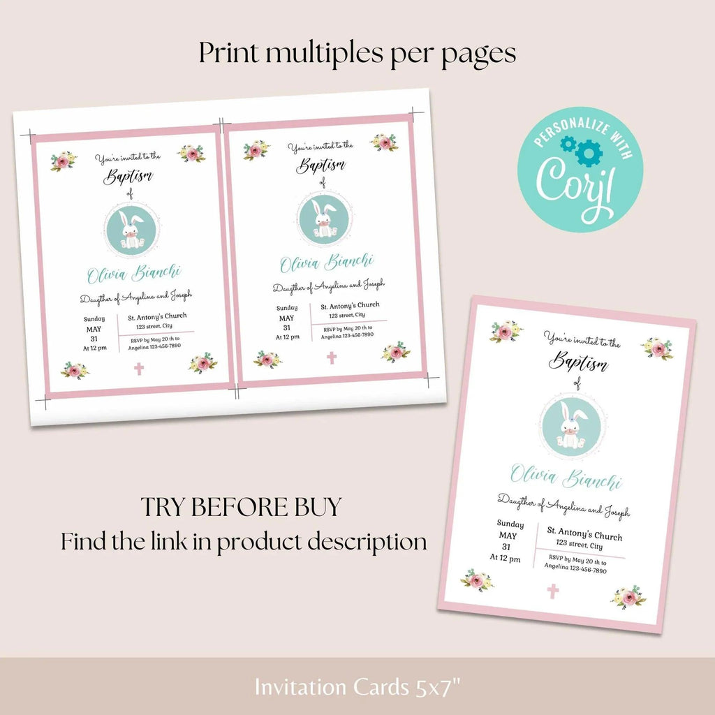 Girl Baptism Invitation – Pink Floral Bunny Theme – Corjl Template – Printable Christening Card - Lovely Printable Party