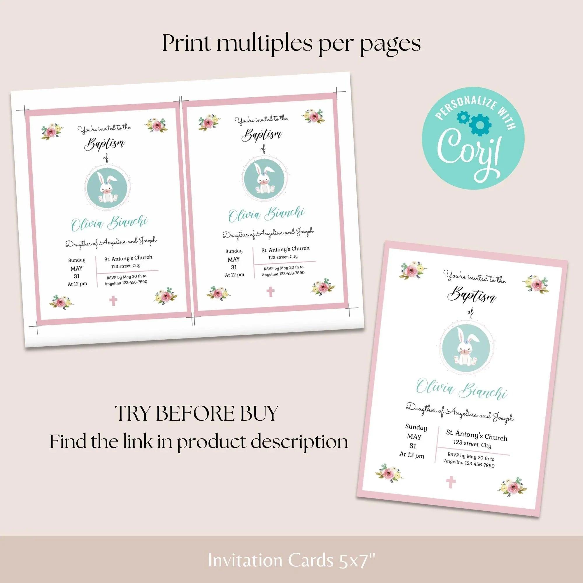 Girl Baptism Invitation – Pink Floral Bunny Theme – Corjl Template – Printable Christening Card - Lovely Printable Party