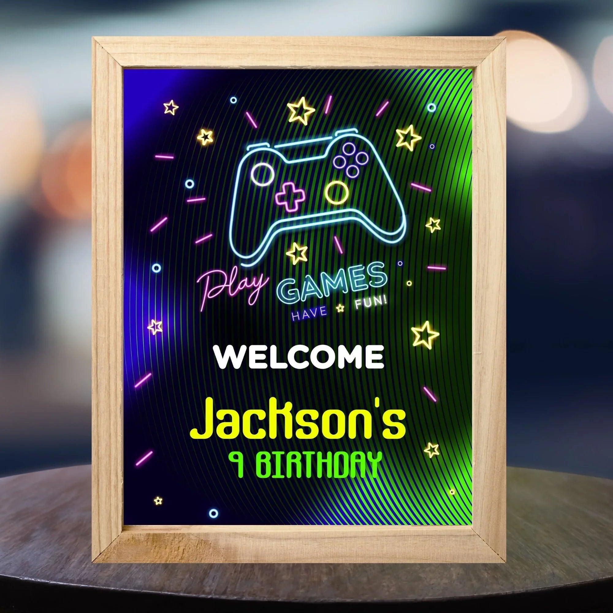 Neon Game party pack, Water bottle Label, Invitation, Welcome Sign, Printable Game Birthday, Digital Editable, Neon Gme Party favor - Lovely Printable Party
