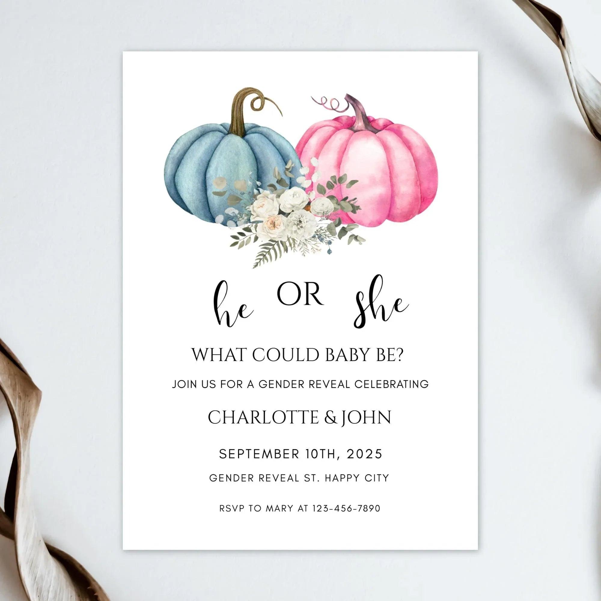 He or She Pumpkin Gender Reveal Invitation – Fall Baby Shower – Editable Template – Corjl Digital Download - Lovely Printable Party