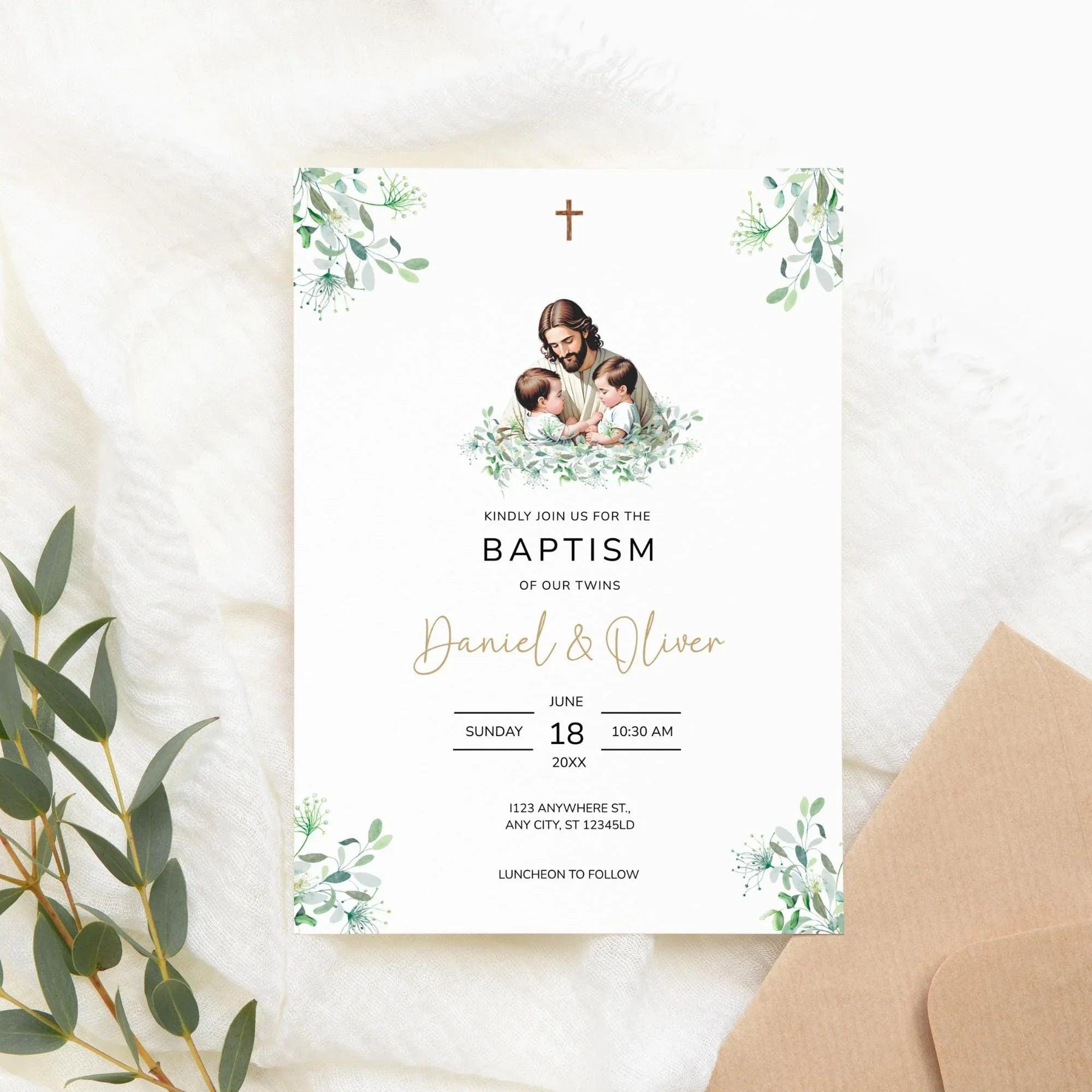 Editable Baptism Invitation • Twins Baby Boys • Corjl Template • Christening Invitation with Jesus and Greenery - Lovely Printable Party