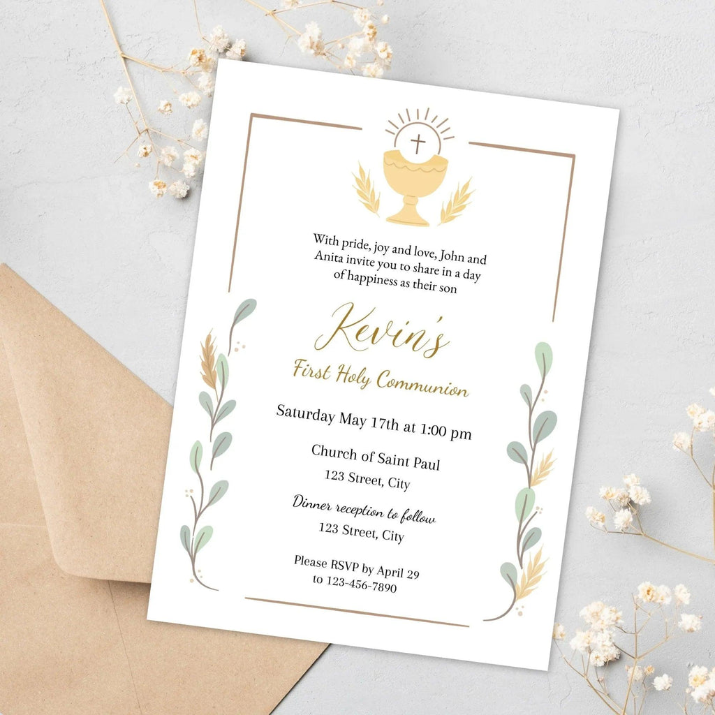 First Holy Communion, Invitation Template, Elegant Communion Invite, Editable First Communion Invitation Boy, Instant Download - Lovely Printable Party