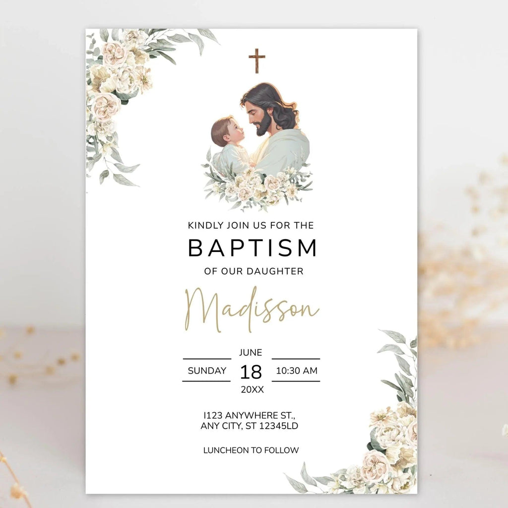 Catholic Baptism Invitation Girl, Editable christening Invitation Template, Jesus & Baby digital invite, Printable floral Invitation - Lovely Printable Party