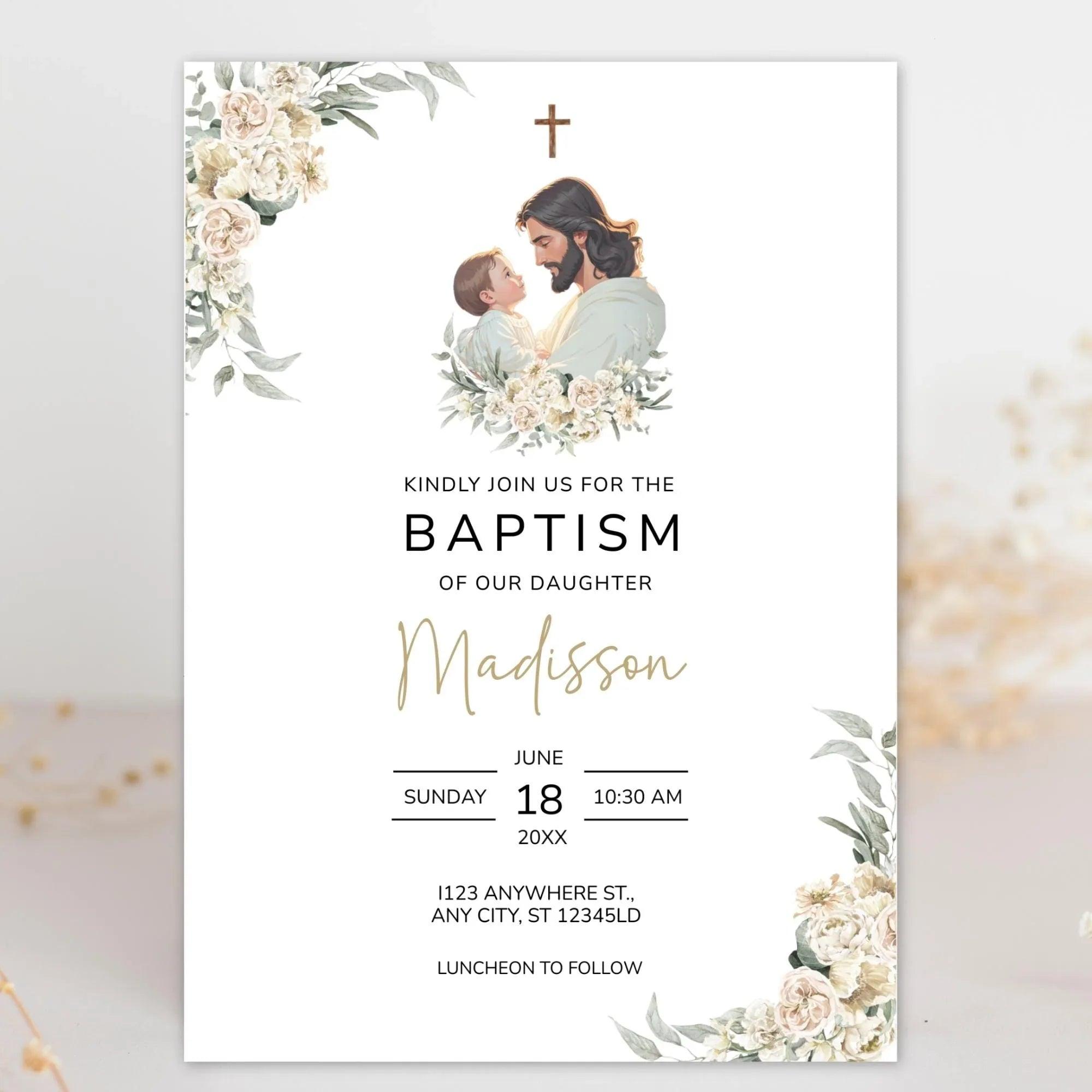 Catholic Baptism Invitation Girl, Editable christening Invitation Template, Jesus & Baby digital invite, Printable floral Invitation - Lovely Printable Party
