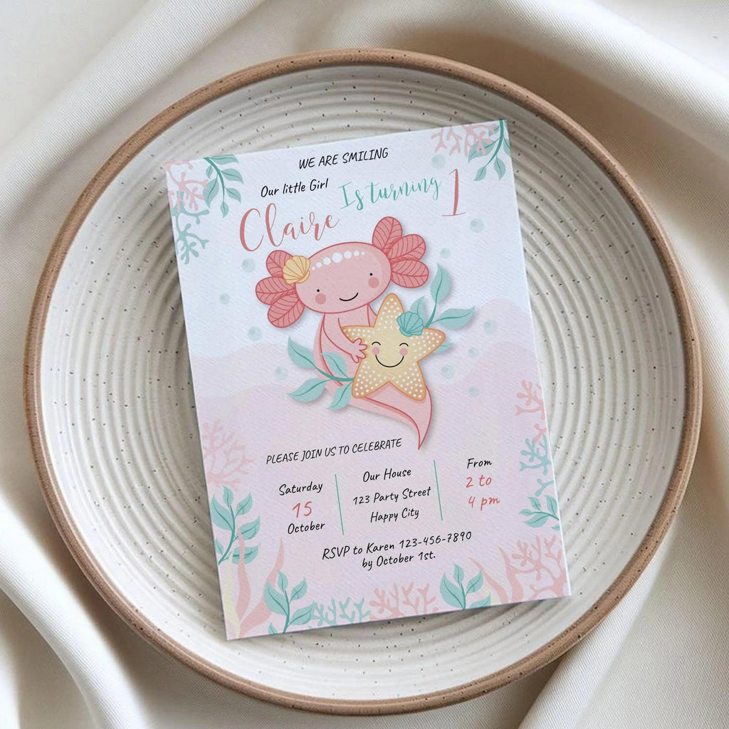Axolotl Pink Birthday Invitation Instant Download Digital template - Lovely Printable Party