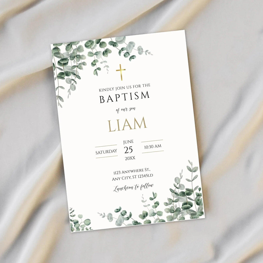 Greenery Baptism Invitation Boy – Corjl Editable Template – Eucalyptus Digital Invite Download - Lovely Printable Party