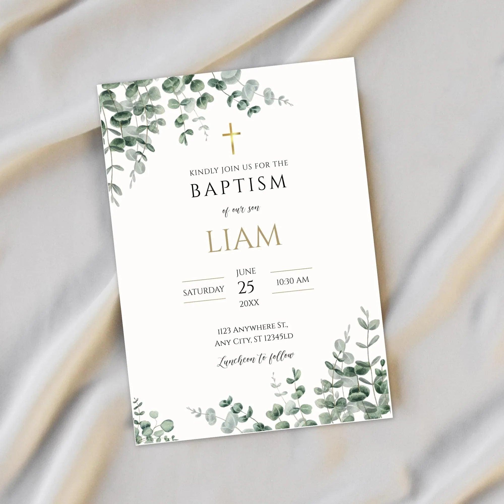 Greenery Baptism Invitation Boy – Corjl Editable Template – Eucalyptus Digital Invite Download - Lovely Printable Party