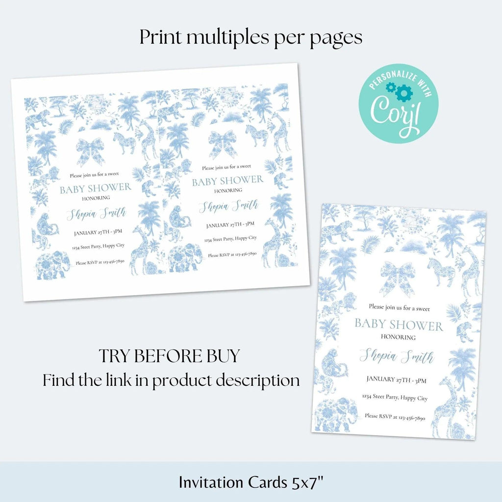 Blue Toile de Jouy Baby Shower Bundle – Invitation, Welcome Sign & Favor Tag – Safari Jungle Animals Party Set – Editable and Printable - Lovely Printable Party