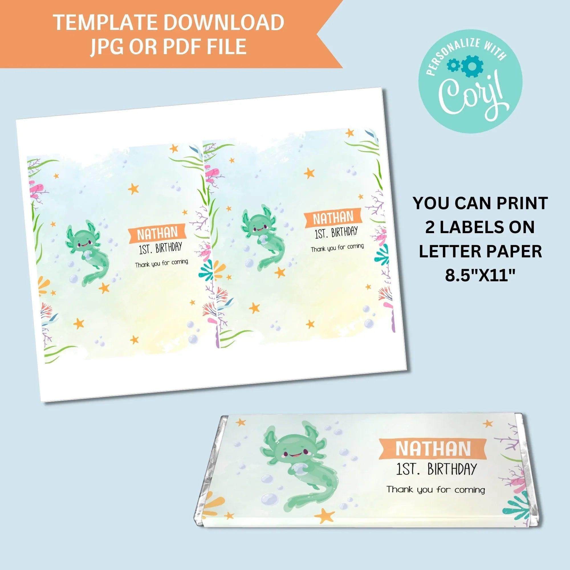 Editable Axolotl Birthday Chocolate Wrapper – Instant Download Digital Template - Lovely Printable Party
