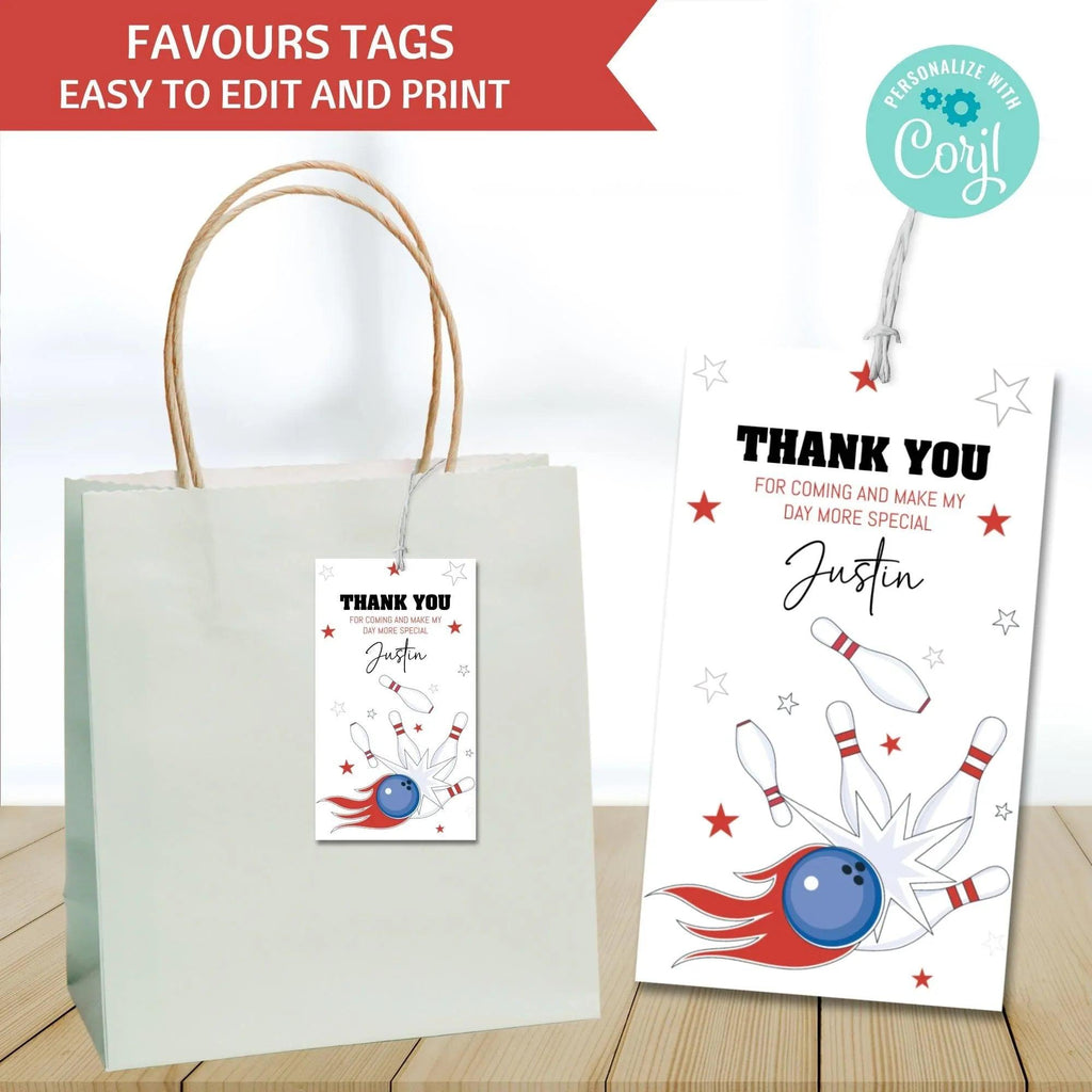 Editable Bowling Birthday Invitation and tag Minimalist - Bowling Birthday Invitation - Bowling Party tag - Customizable template - Lovely Printable Party