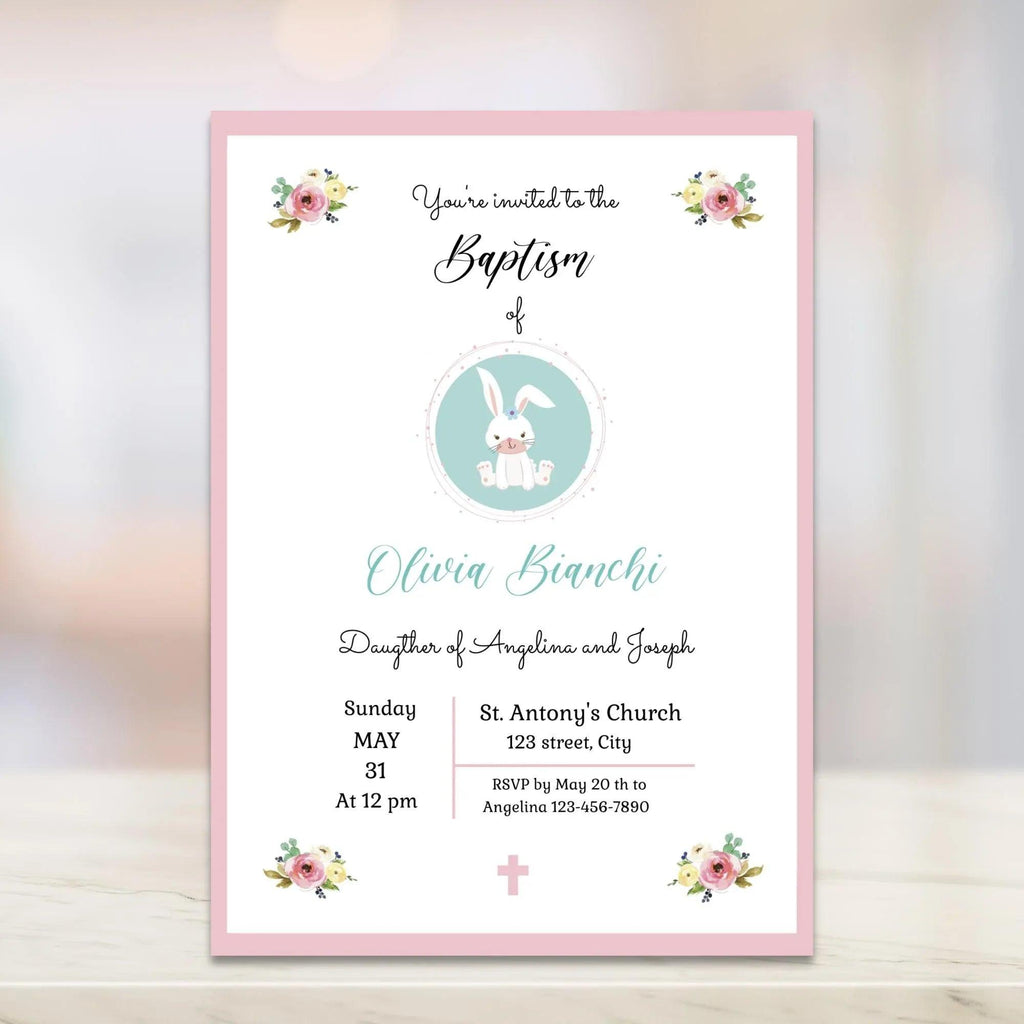 Girl Baptism Invitation – Pink Floral Bunny Theme – Corjl Template – Printable Christening Card - Lovely Printable Party