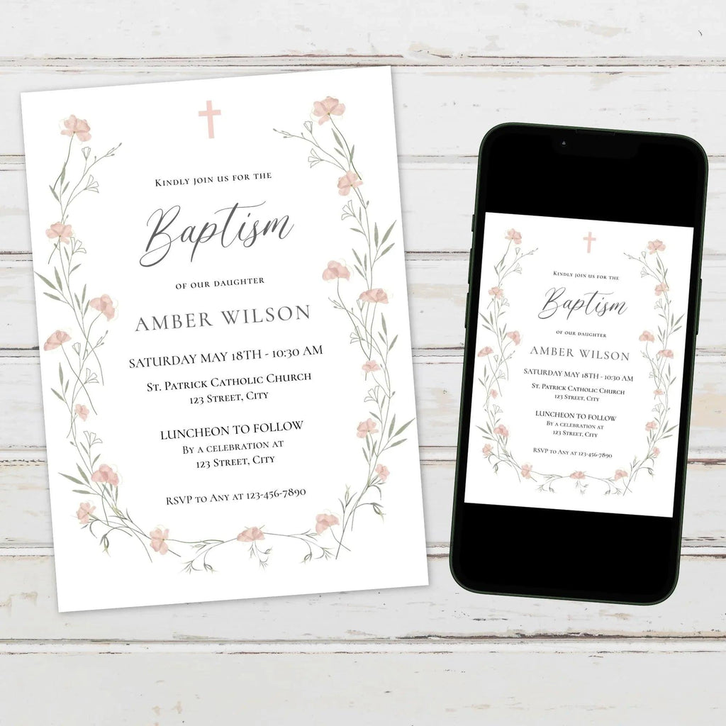 Baptism Invitation Girl Editable – Pink Floral Corjl Template – Wildflowers Christening Invite – Printable Digital File - Lovely Printable Party