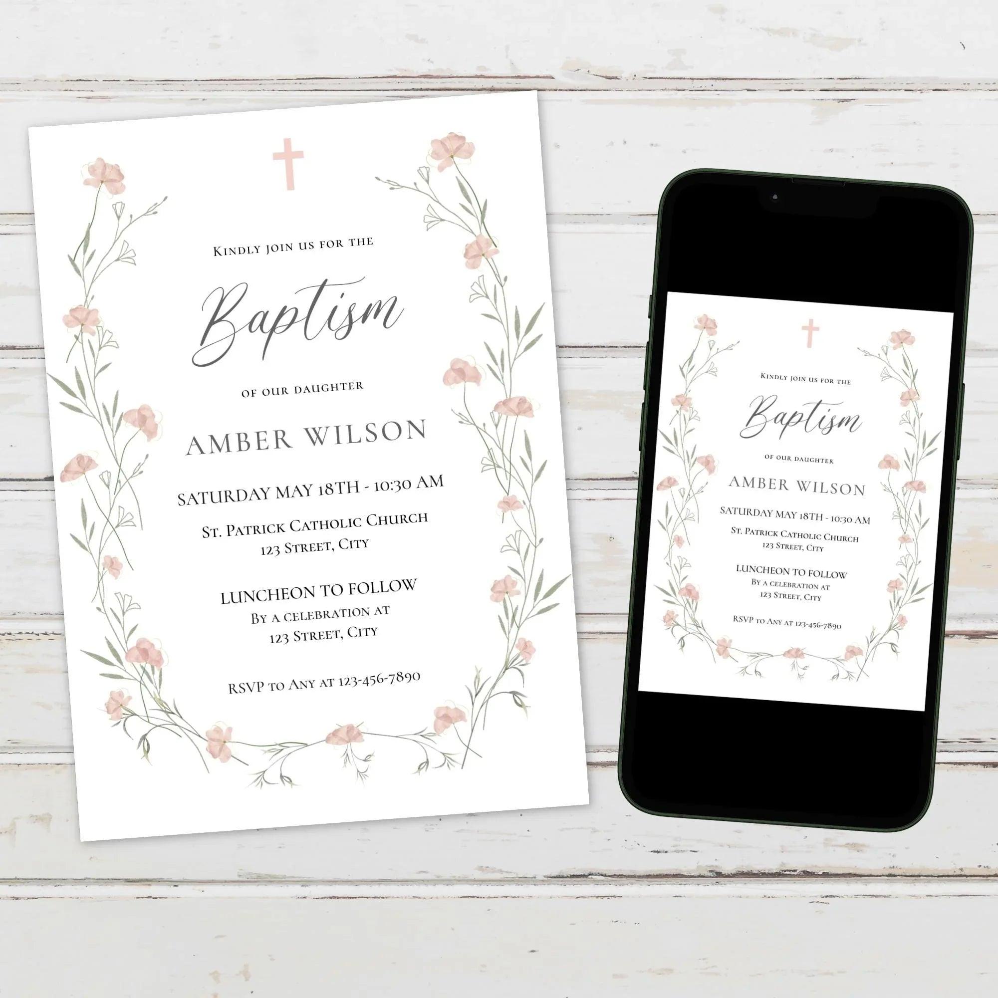 Baptism Invitation Girl Editable – Pink Floral Corjl Template – Wildflowers Christening Invite – Printable Digital File - Lovely Printable Party