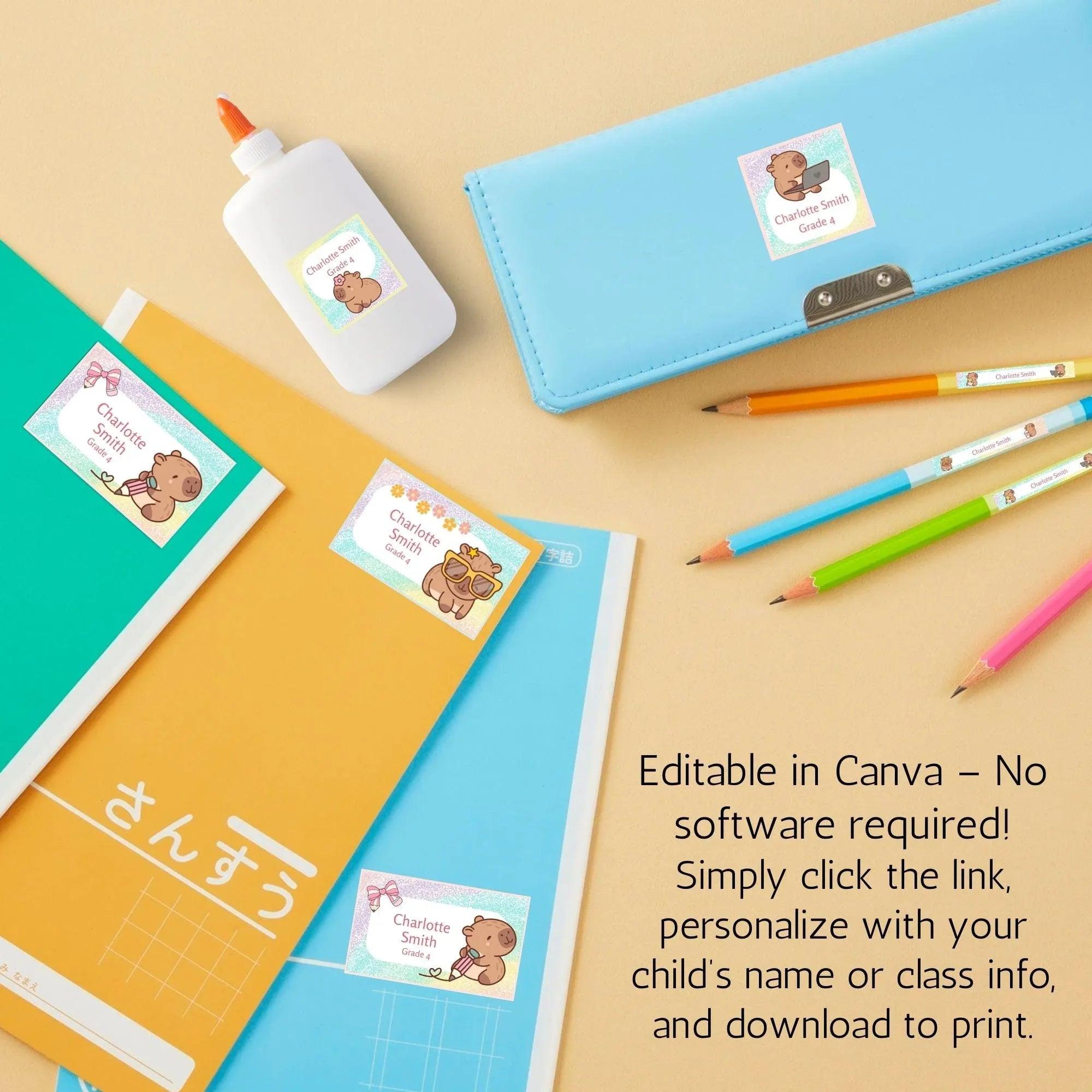 Kawaii Capybara School Name Labels – Cute Kawaii Capybara Sticker Set – Pastel Donut & Laptop Designs – Printable Name Tags for Kids - Lovely Printable Party