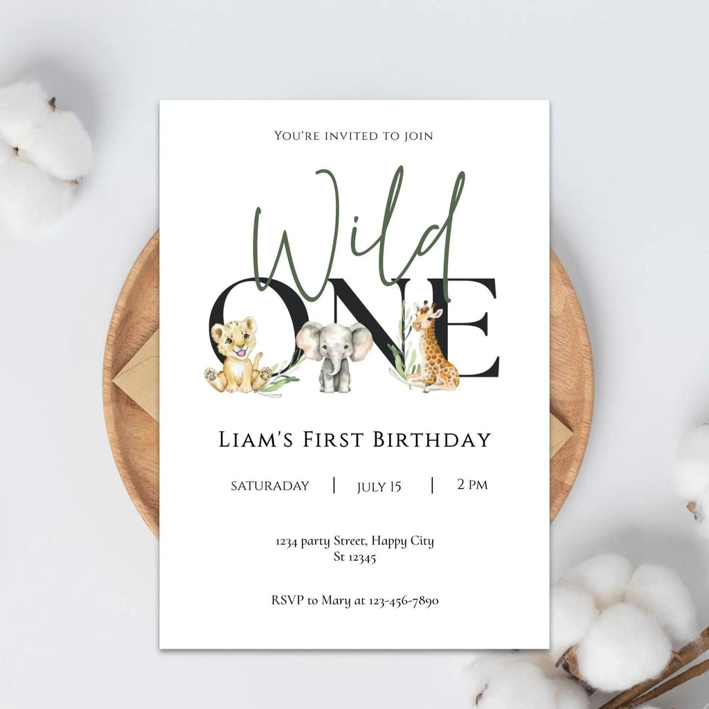 Wild One First Birthday Invitation Editable | Safari Jungle Party Invite Corjl | Digital Animal Birthday Card for Boy - Lovely Printable Party