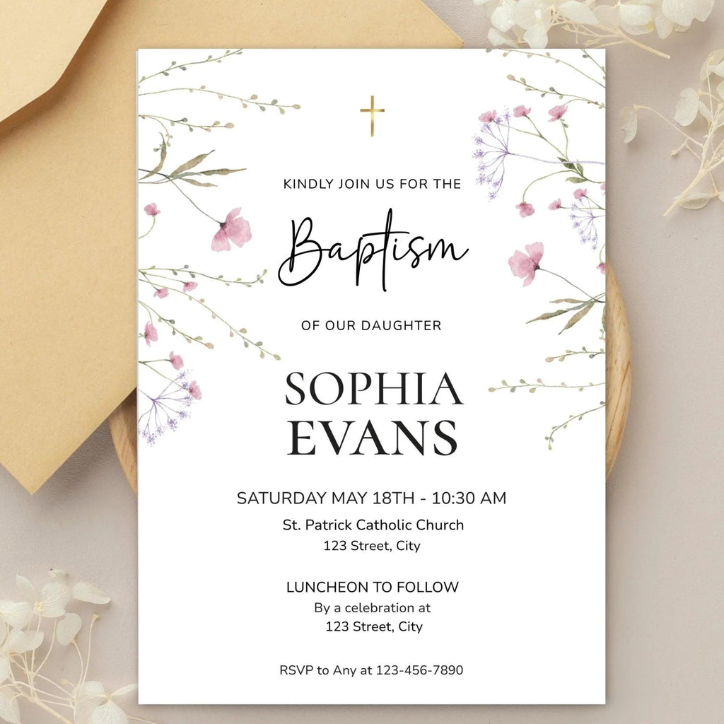 Girl Baptism Invitation Template | Corjl Printable Baptism Invite | Floral Christening Invitation | Religious Invitation card - Lovely Printable Party