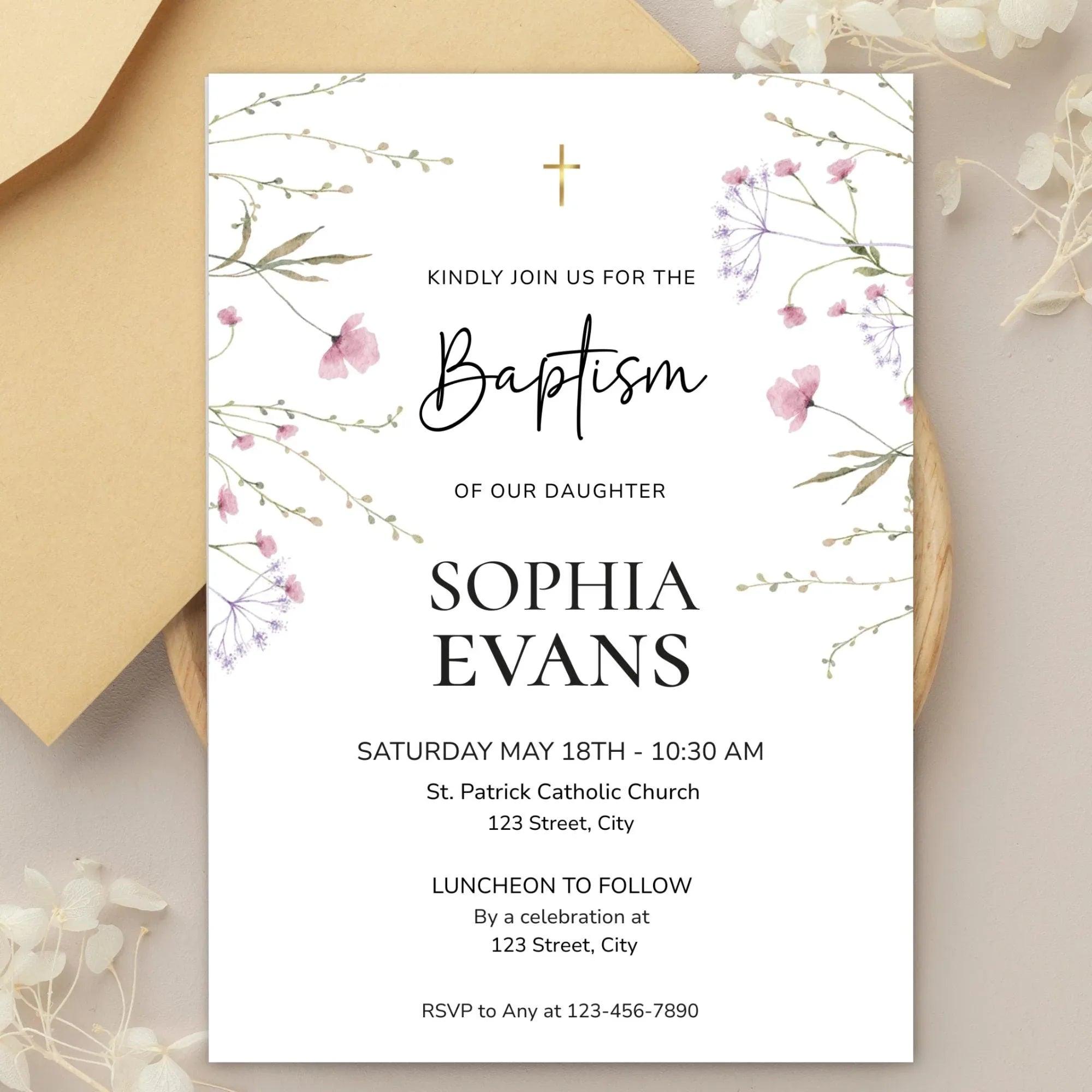 Girl Baptism Invitation Template | Corjl Printable Baptism Invite | Floral Christening Invitation | Religious Invitation card - Lovely Printable Party