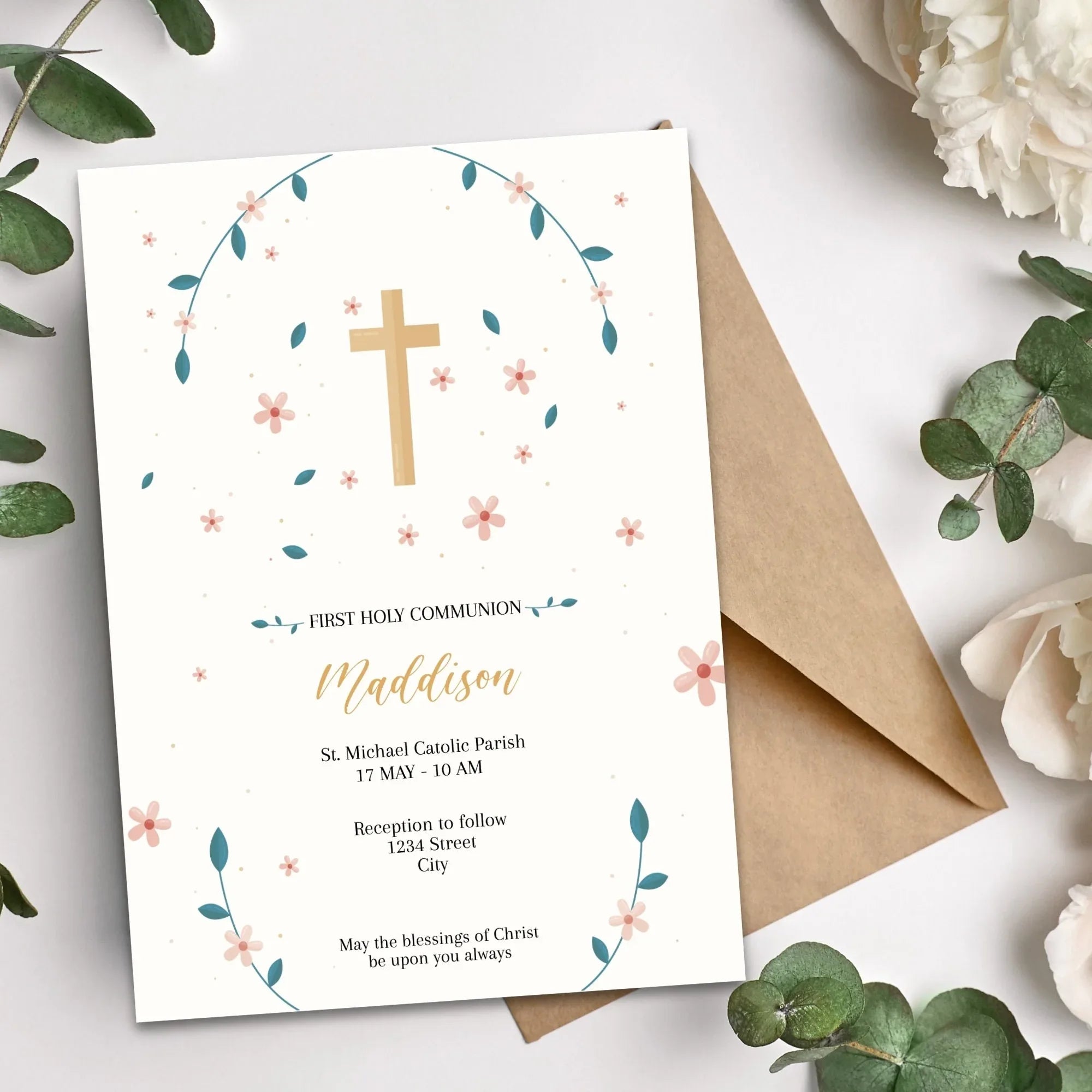 Flowers and Leaves Communion Invitation - Lovely Party