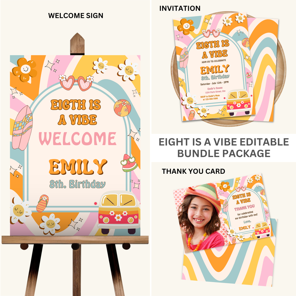 Eight is a Vibe Birthday Bundle | Groovy Girl Retro Party Kit | 15 Pieces | Editable Canva Template | Instant Download