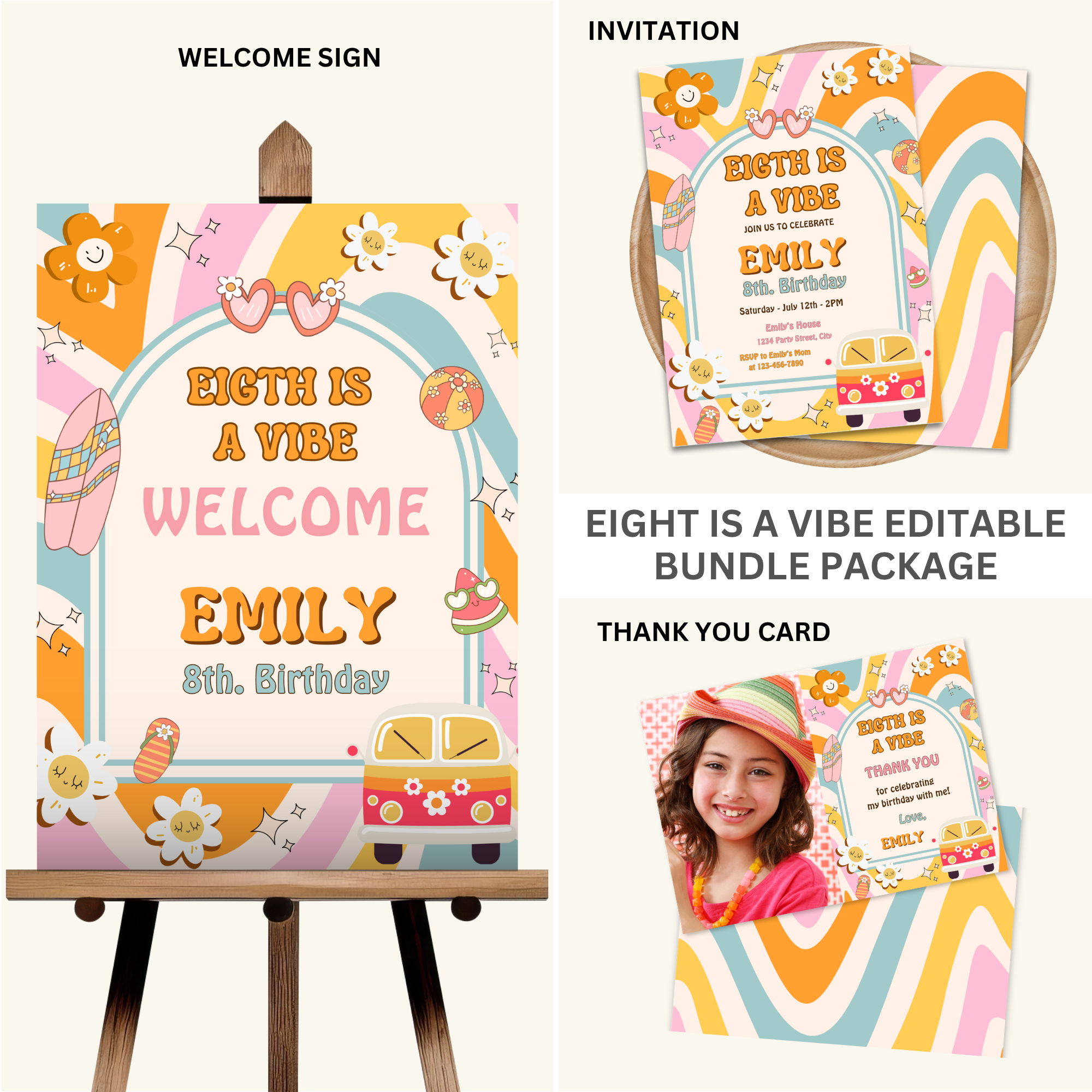 Eight is a Vibe Birthday Bundle | Groovy Girl Retro Party Kit | 15 Pieces | Editable Canva Template | Instant Download