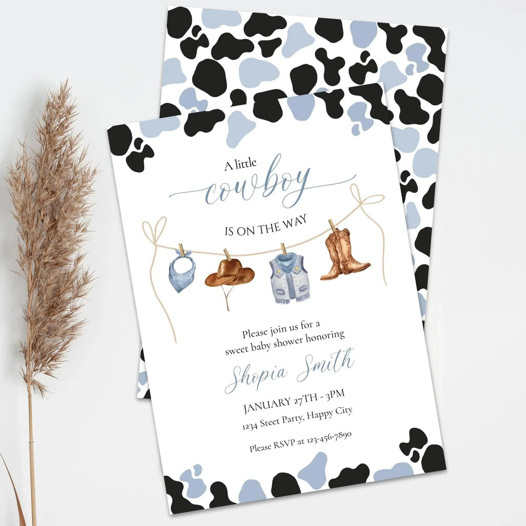Little Cowboy Baby Shower Invitation – Editable via Corjl | Blue & Brown Western Cow Print | Digital Download - Lovely Printable Party