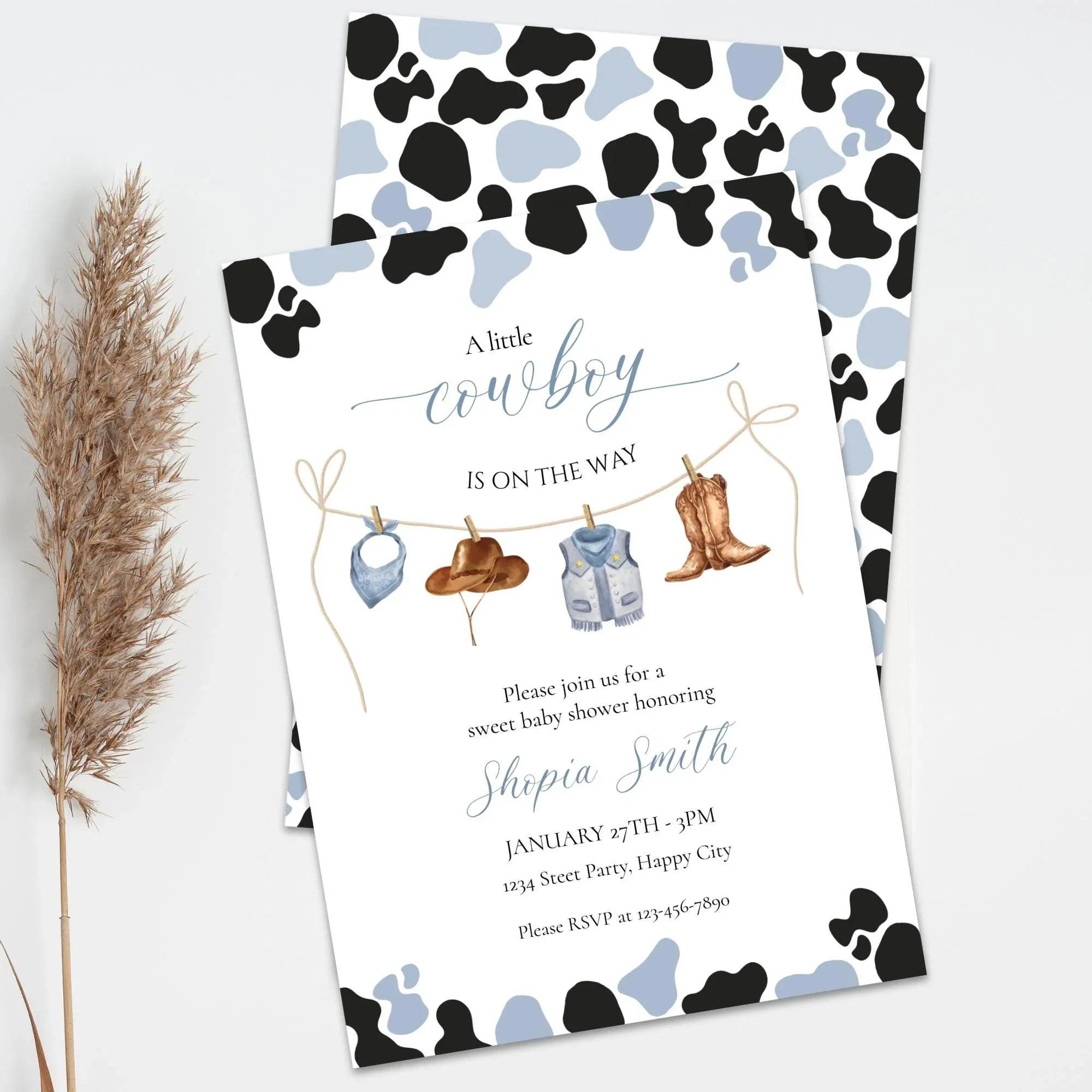 Little Cowboy Baby Shower Invitation – Editable via Corjl | Blue & Brown Western Cow Print | Digital Download - Lovely Printable Party
