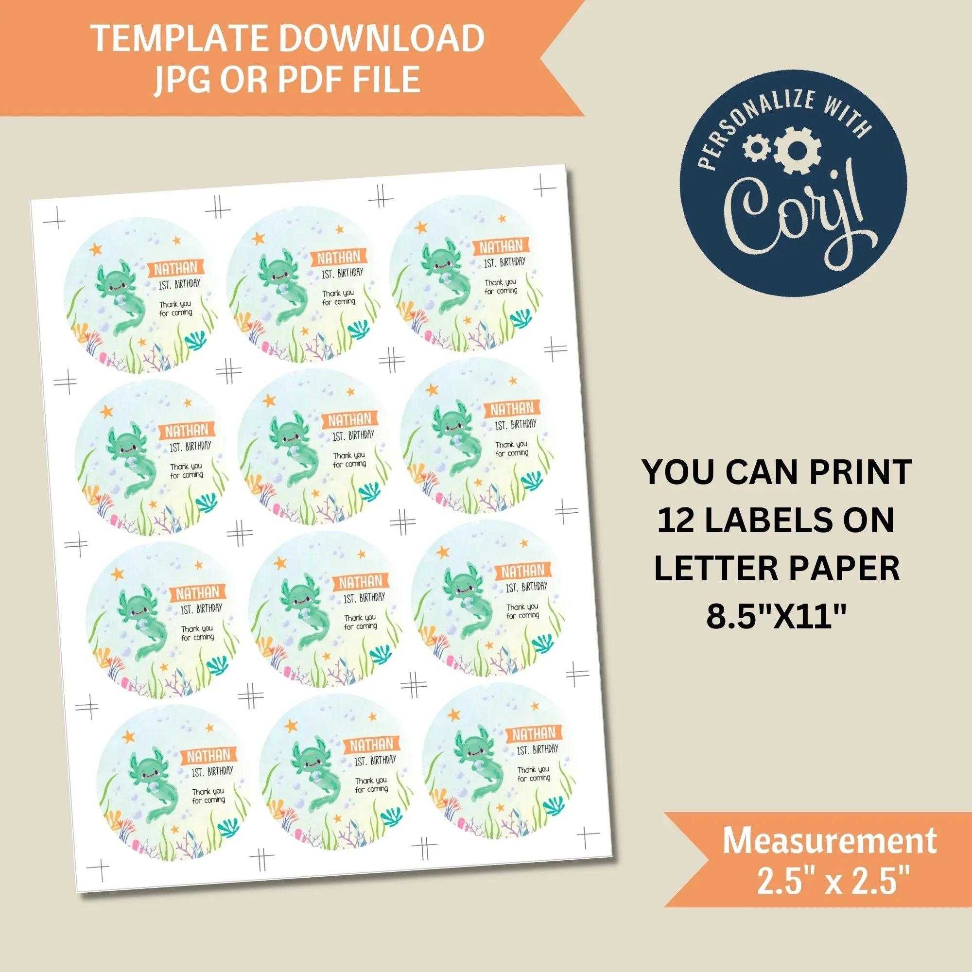 Editable Axolotl Sticker - Instant Download Digital Template - Lovely Printable Party