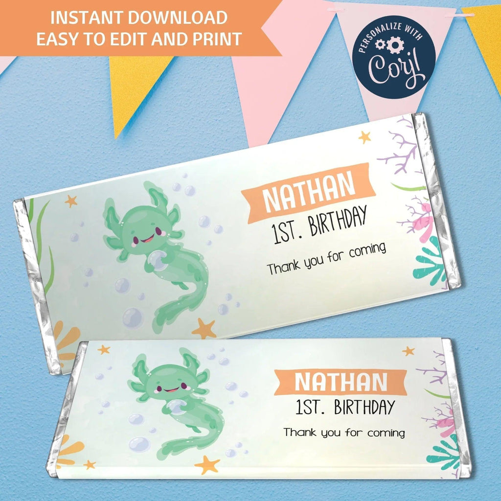 Editable Axolotl Birthday Chocolate Wrapper – Instant Download Digital Template - Lovely Printable Party