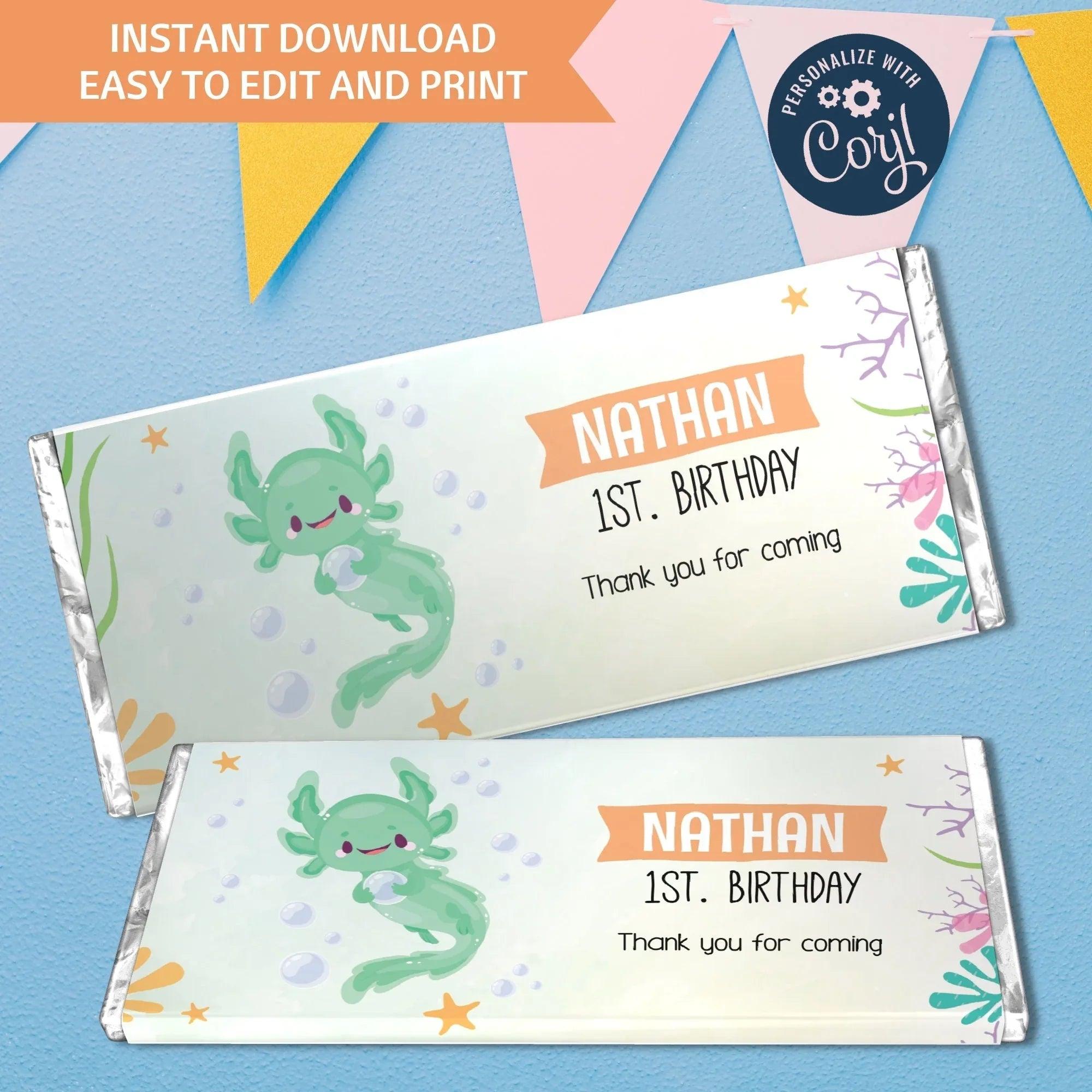 Editable Axolotl Birthday Chocolate Wrapper – Instant Download Digital Template - Lovely Printable Party