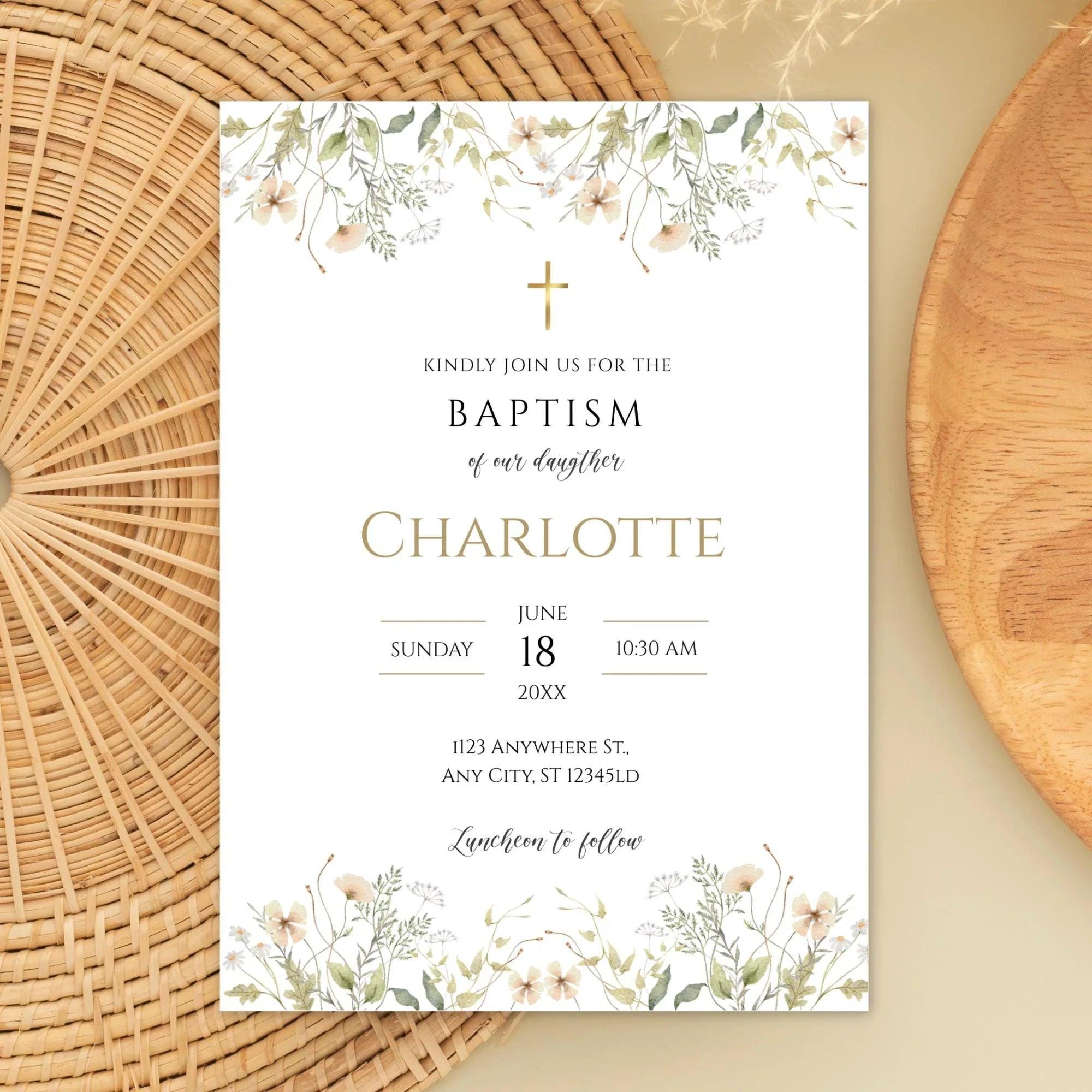 Baptism Invitation Girl | Wildflower Christening Template | Printable Baptism Card | Baby Girl Baptism Invite | Instant Download - Lovely Printable Party