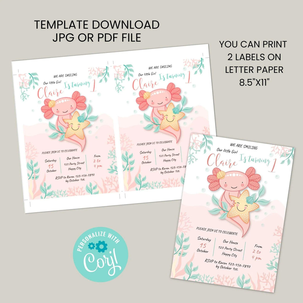 Axolotl Pink Birthday Invitation Instant Download Digital template - Lovely Printable Party