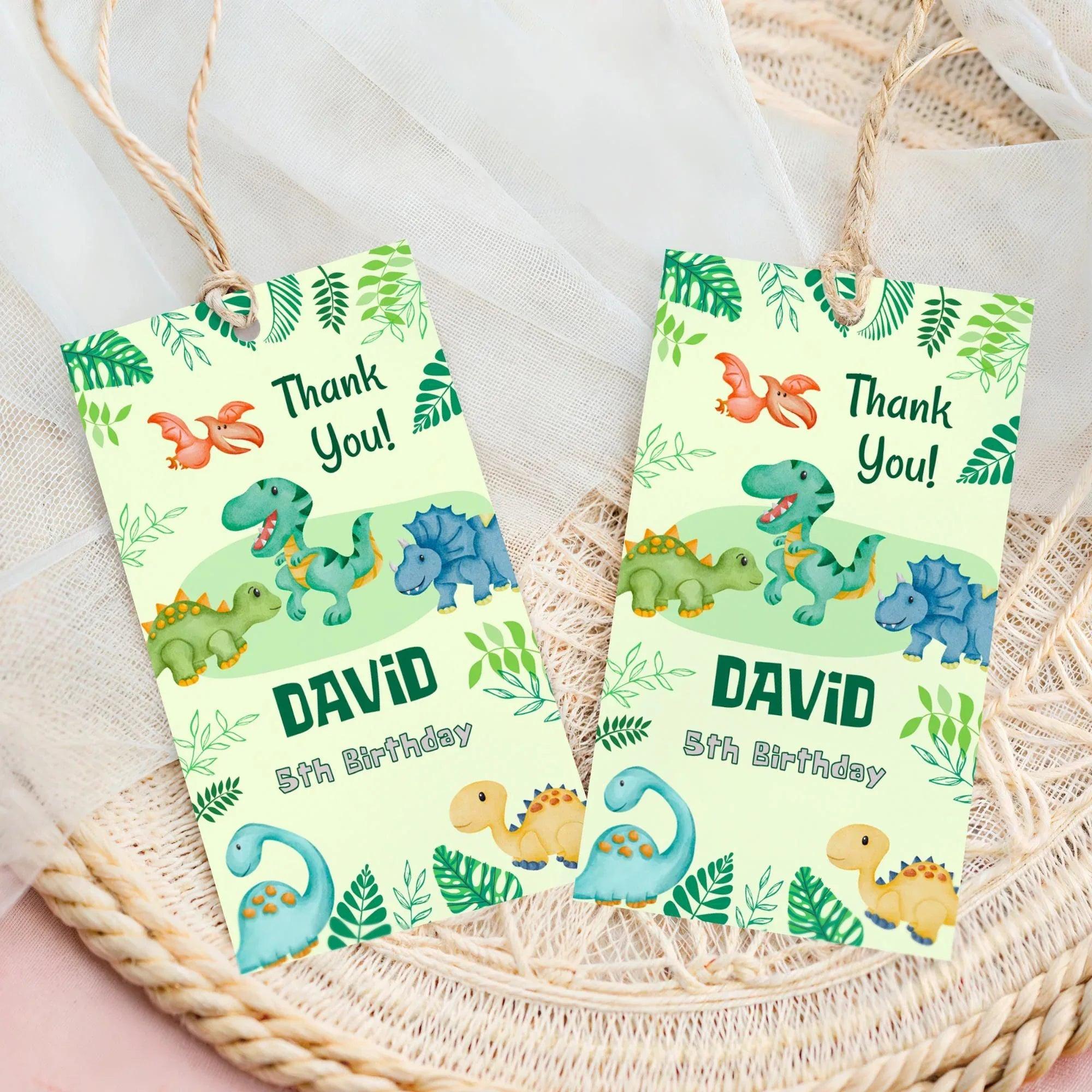 Editable Dinosaur Thank You Tags | Green Jungle Party Favor Tags | Cute Watercolor Dino Theme | Digital Corjl Template for Boys Birthday - Lovely Printable Party