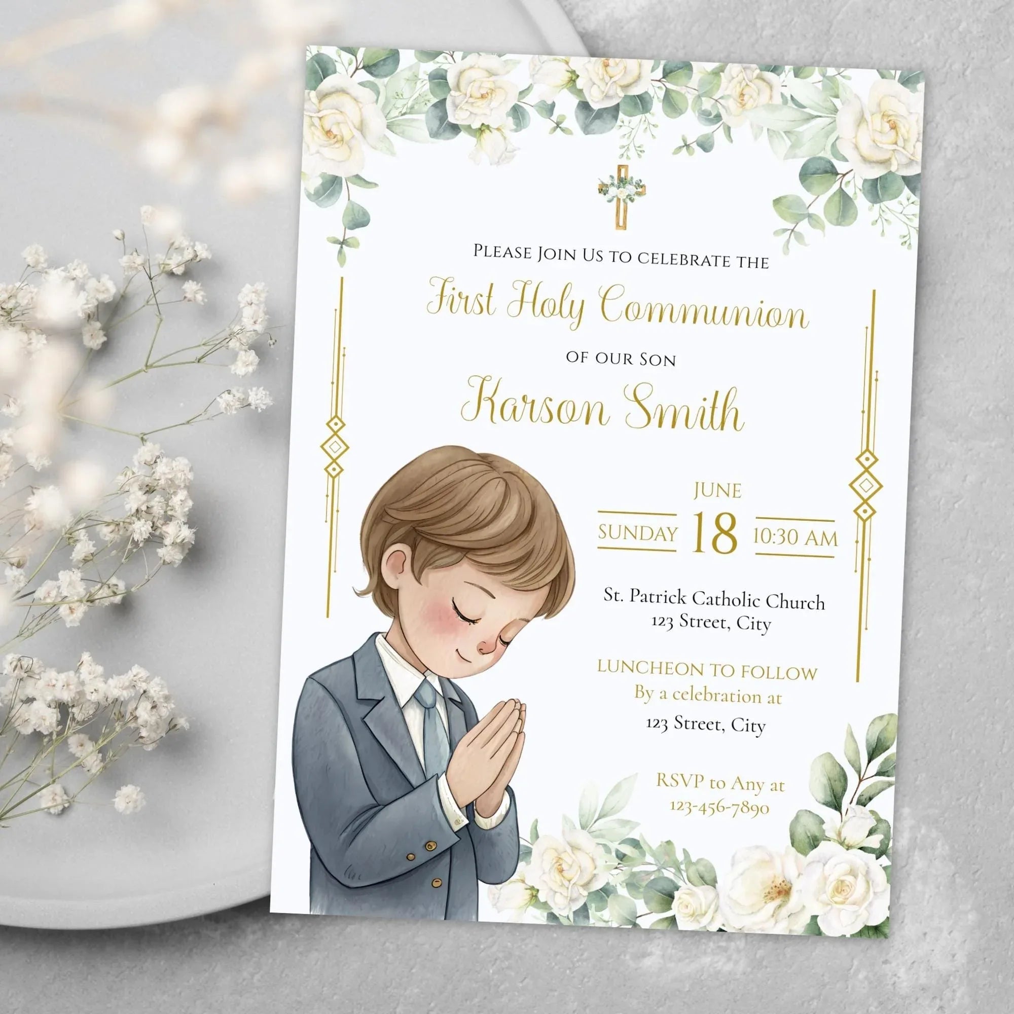 First Communion Invitation Flowers white and green - Lovely Party