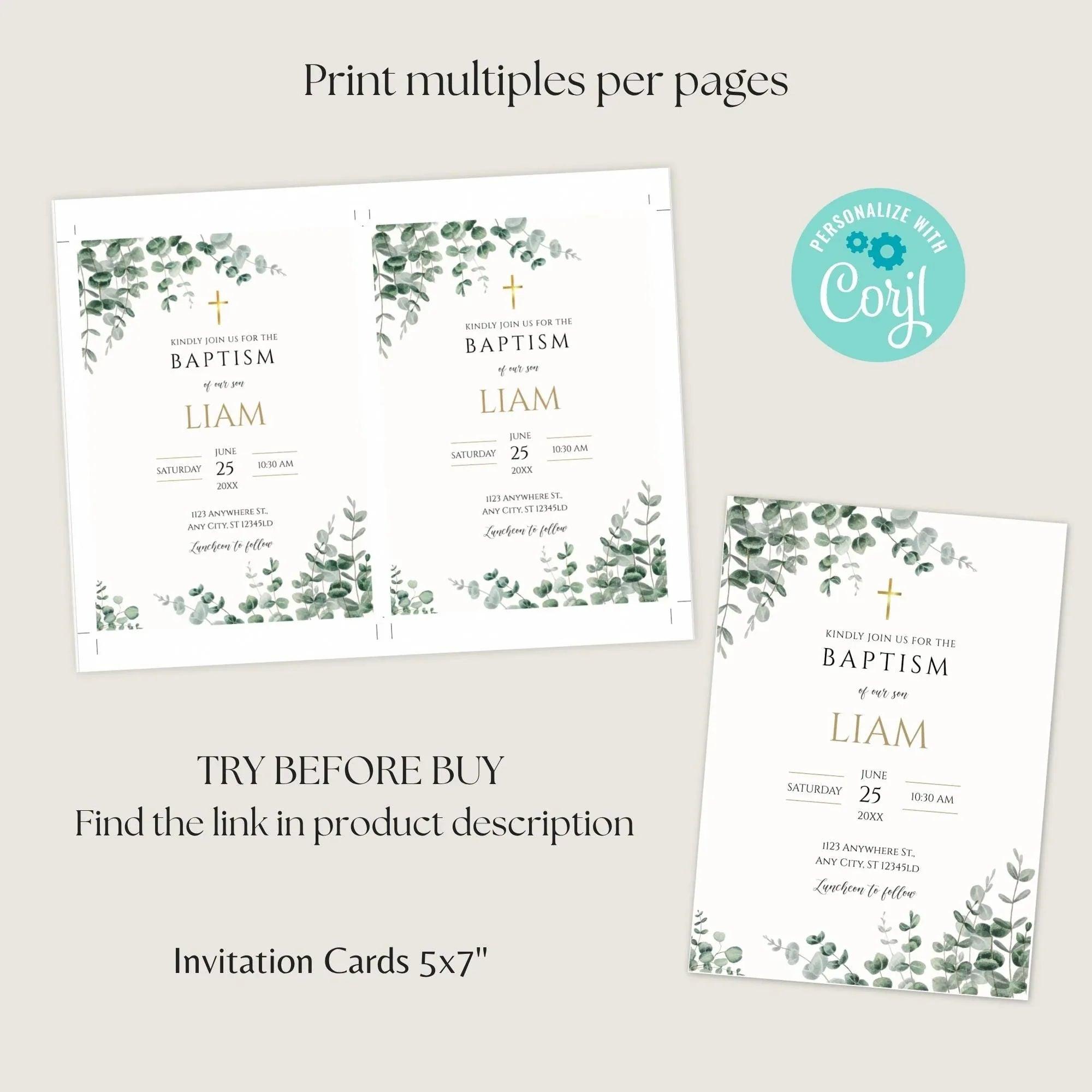 Greenery Baptism Invitation Boy – Corjl Editable Template – Eucalyptus Digital Invite Download - Lovely Printable Party