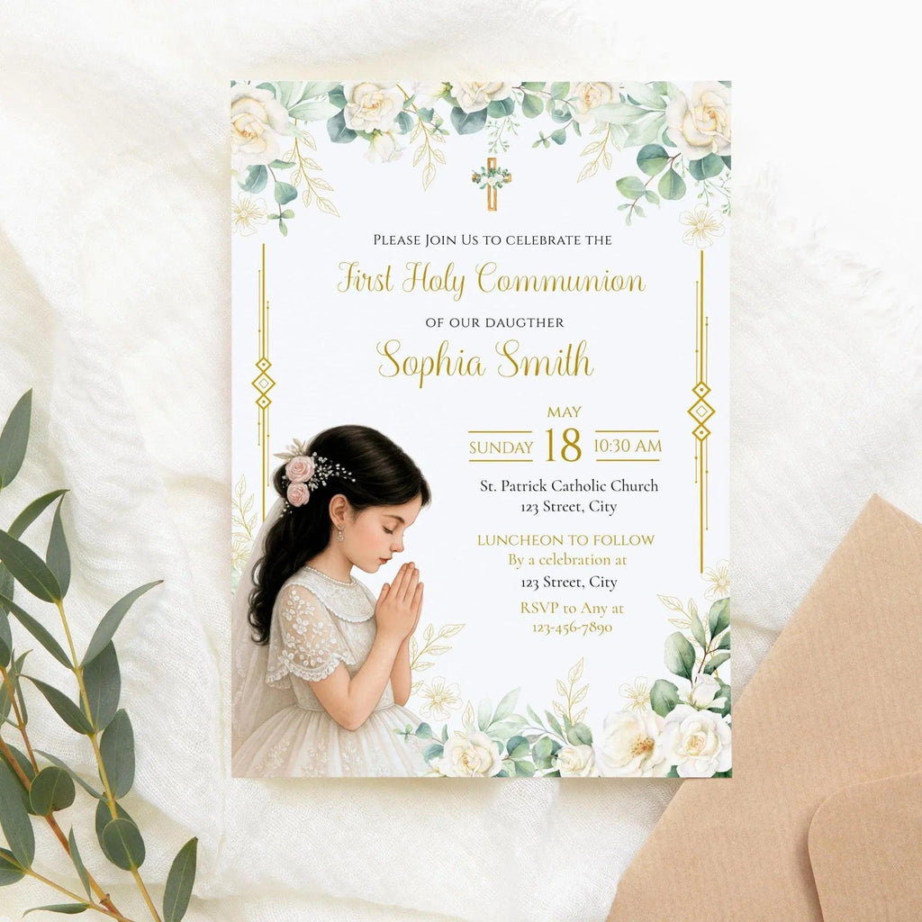 Elegant First Communion Invitation Girl | White Floral Gold Cross Editable Corjl Template | Digital Holy Communion Party Invite - Lovely Printable Party