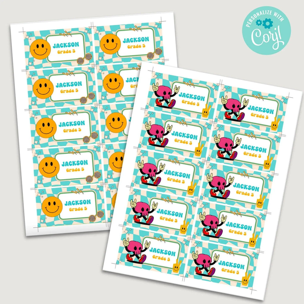 Funky retro School labels, Classroom Printables, Name labels for kids, Classroom Labels, School supply labels, Editable Labels - Lovely Printable Party