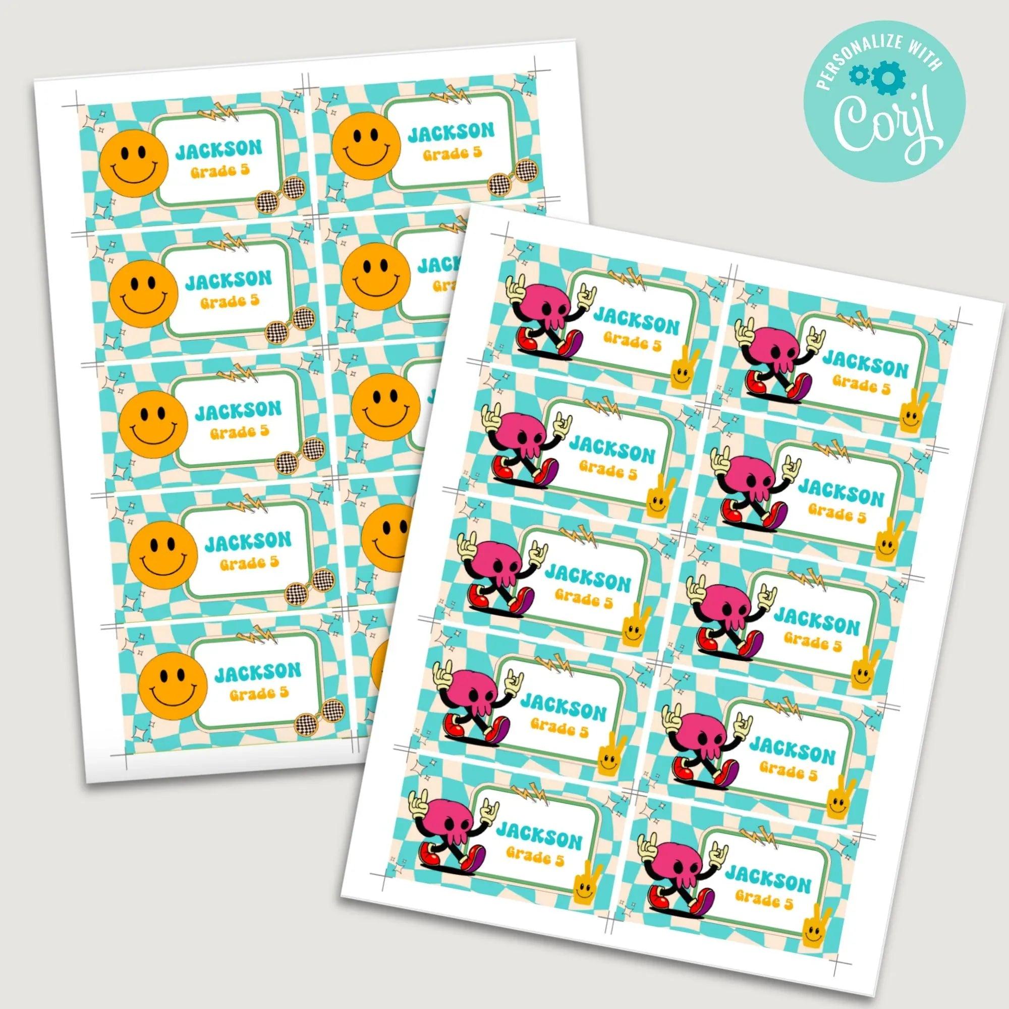 Funky retro School labels, Classroom Printables, Name labels for kids, Classroom Labels, School supply labels, Editable Labels - Lovely Printable Party