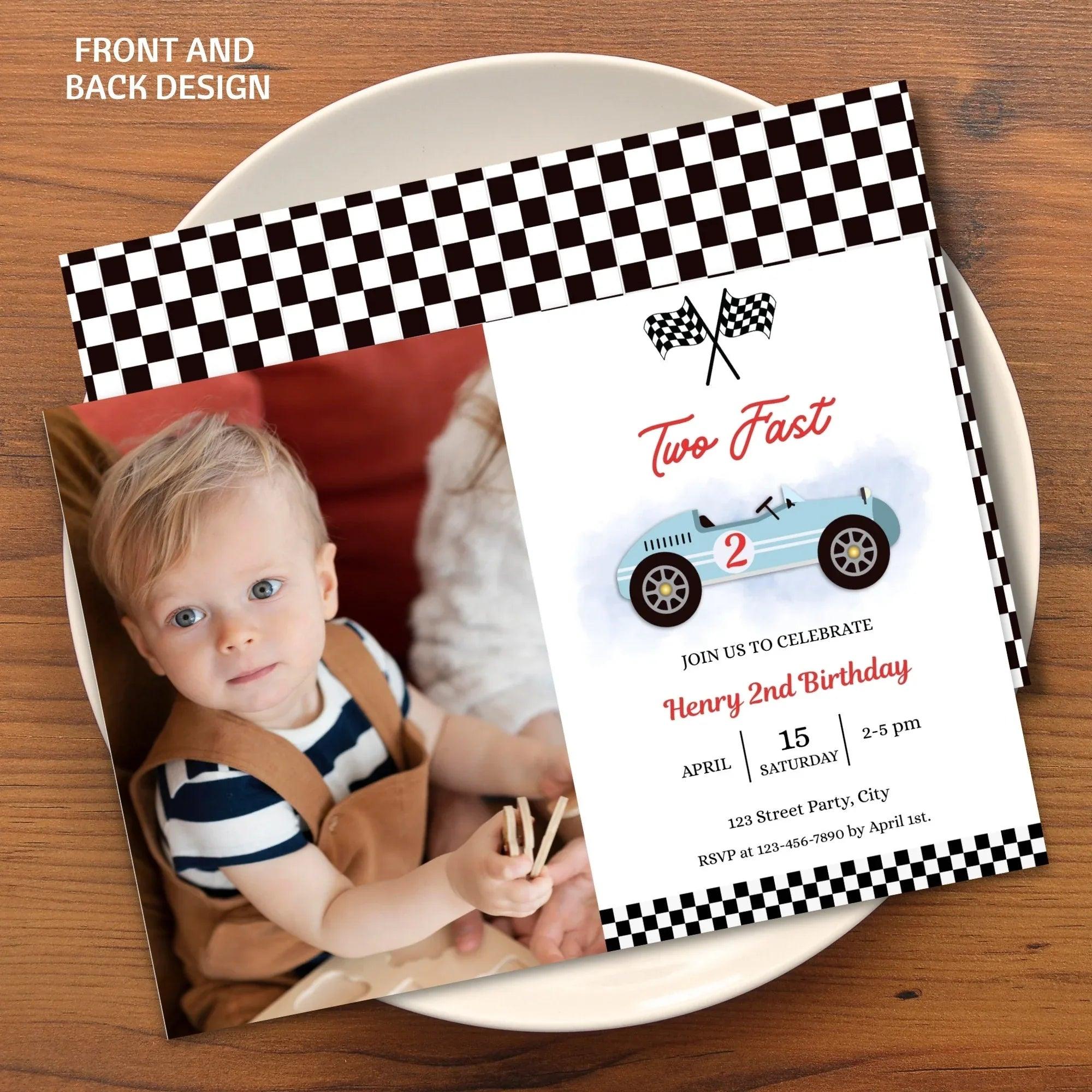 Two Fast Invitation with photo, Vintage Race, 2nd Birthday Invitation, Retro Car Invite, Instant Download, Editable - Lovely Printable Party