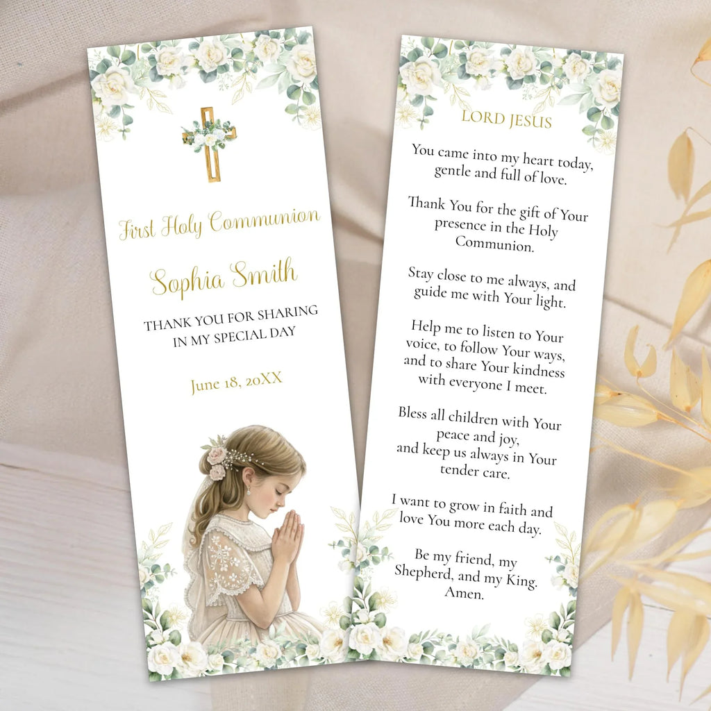 First communion Green and white flowers Bookmark - Lovely Party