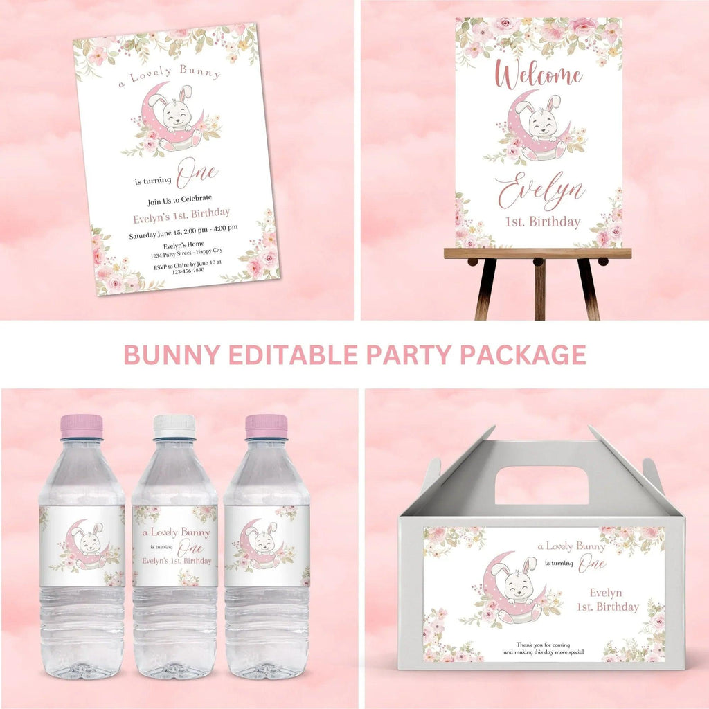 Bunny party pack, Water bottle Label, Invitation, Welcome Sign, Printable Bunny 1st Birthday, Digital Editable, rabbit Party favor - Lovely Printable Party