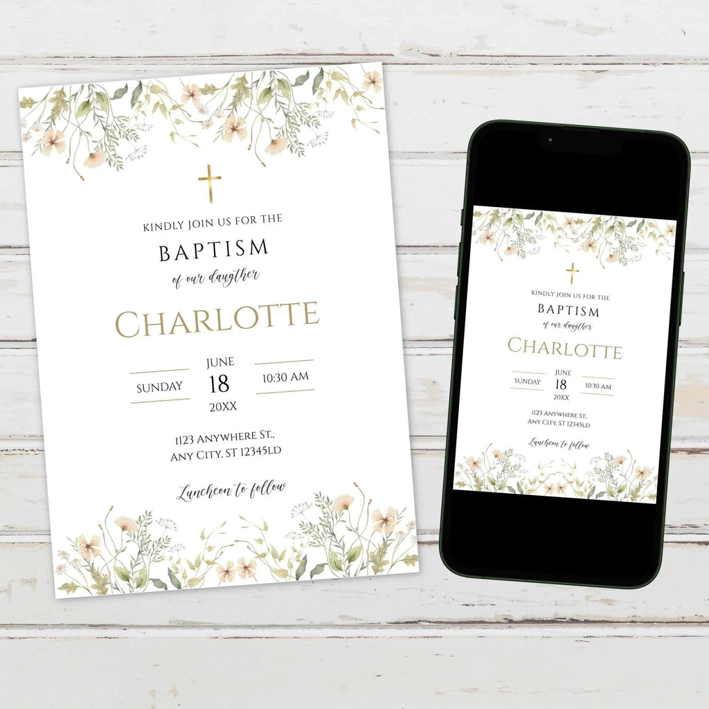 Baptism Invitation Girl | Wildflower Christening Template | Printable Baptism Card | Baby Girl Baptism Invite | Instant Download - Lovely Printable Party